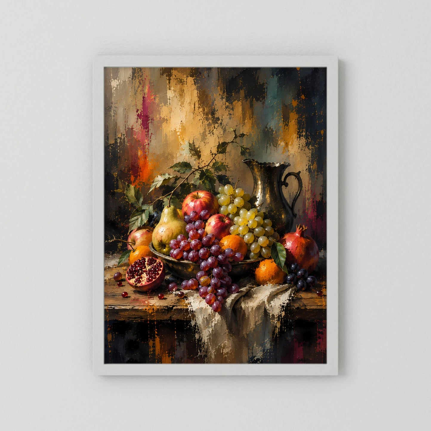 Kunstposter im Hochformat mit weißem Rahmen: Stillleben mit Trauben, Granatapfel und Äpfeln