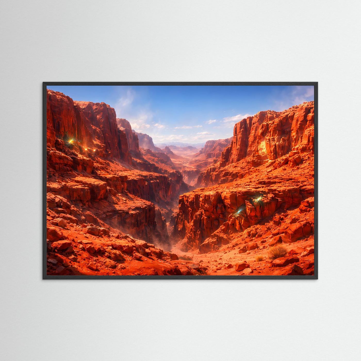 Naturposter im Querformat: roter Canyon mit Schlucht, gerahmt in schwarzem Rahmen