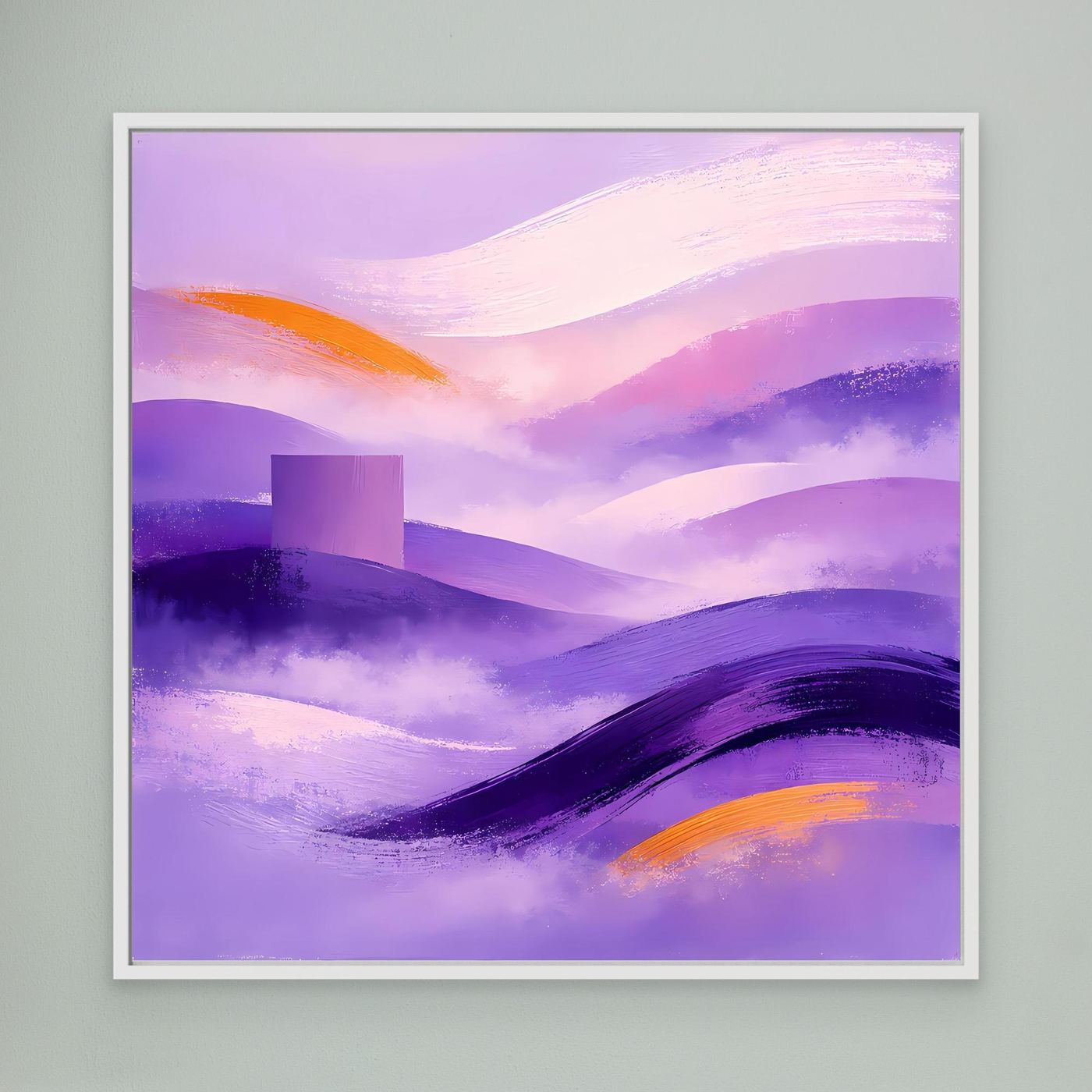 Quadratisches Leinwandbild mit abstrakter lila Berglandschaft, orange Akzenten, weißer Rahmen