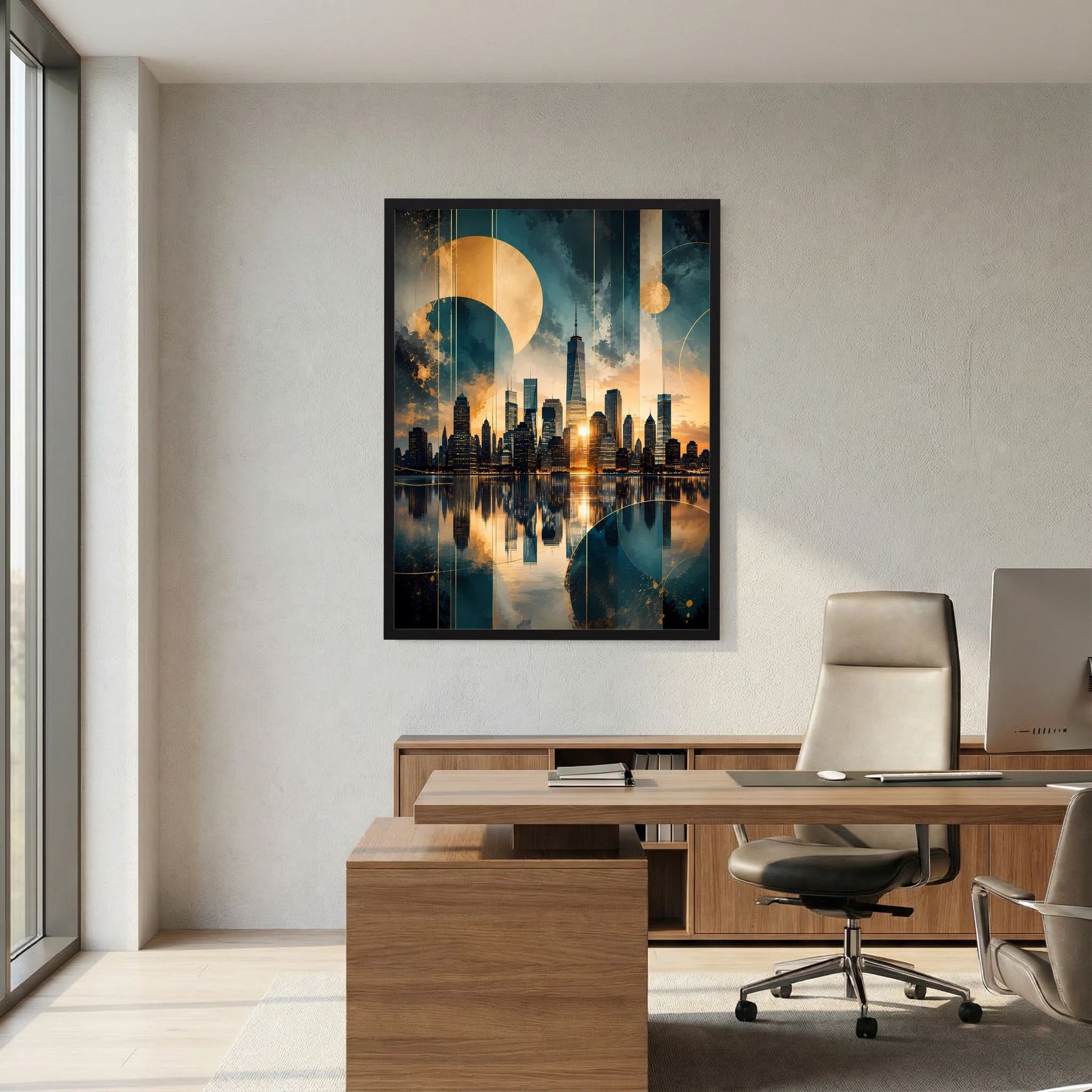 Hochformatiges Poster im schwarzen Rahmen mit abstrakter Skyline in Petrol und Goldtönen