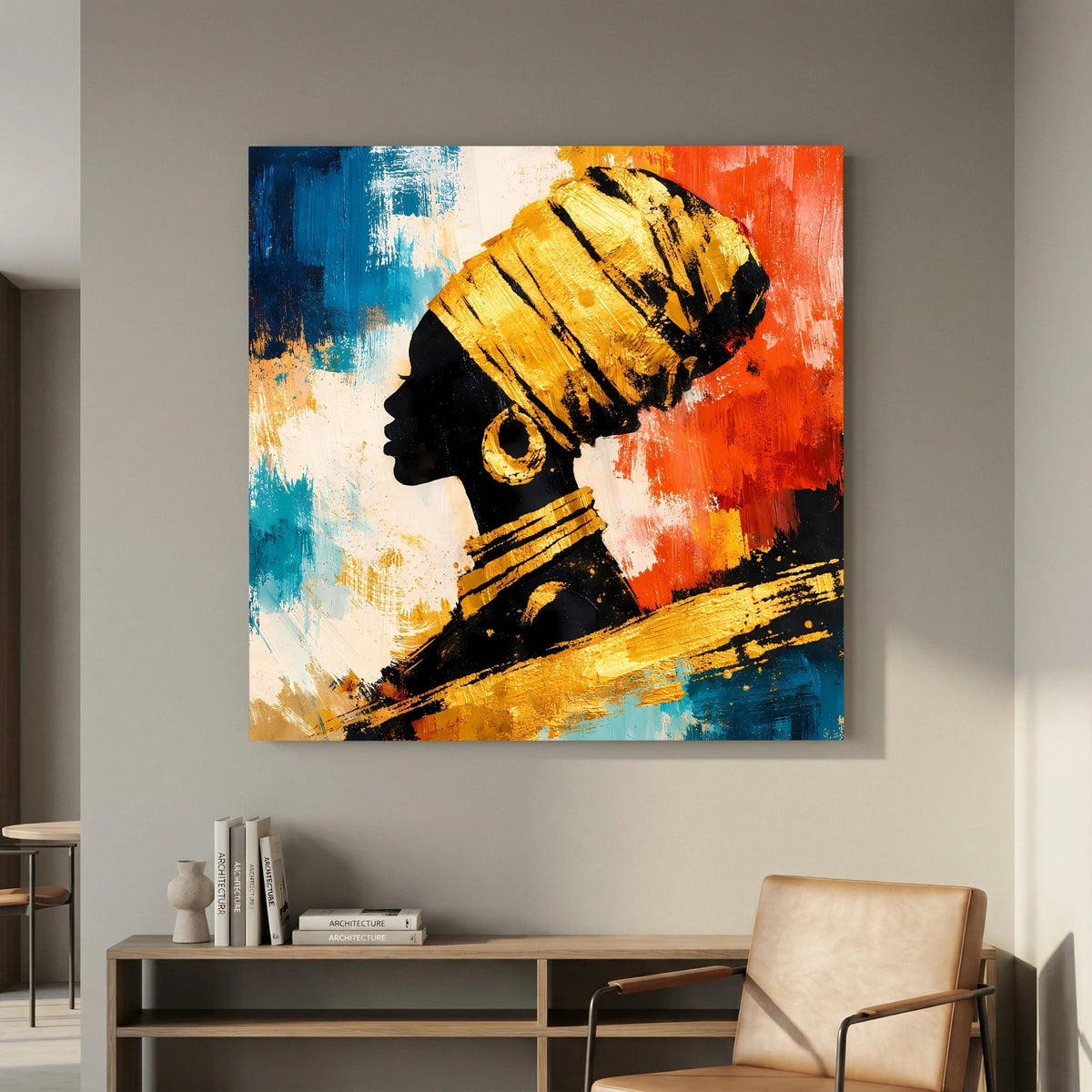 Leinwandbild mit Frauenprofil, goldener Verzierungen auf schwarzer Silhouette, blaue und rote Flächen