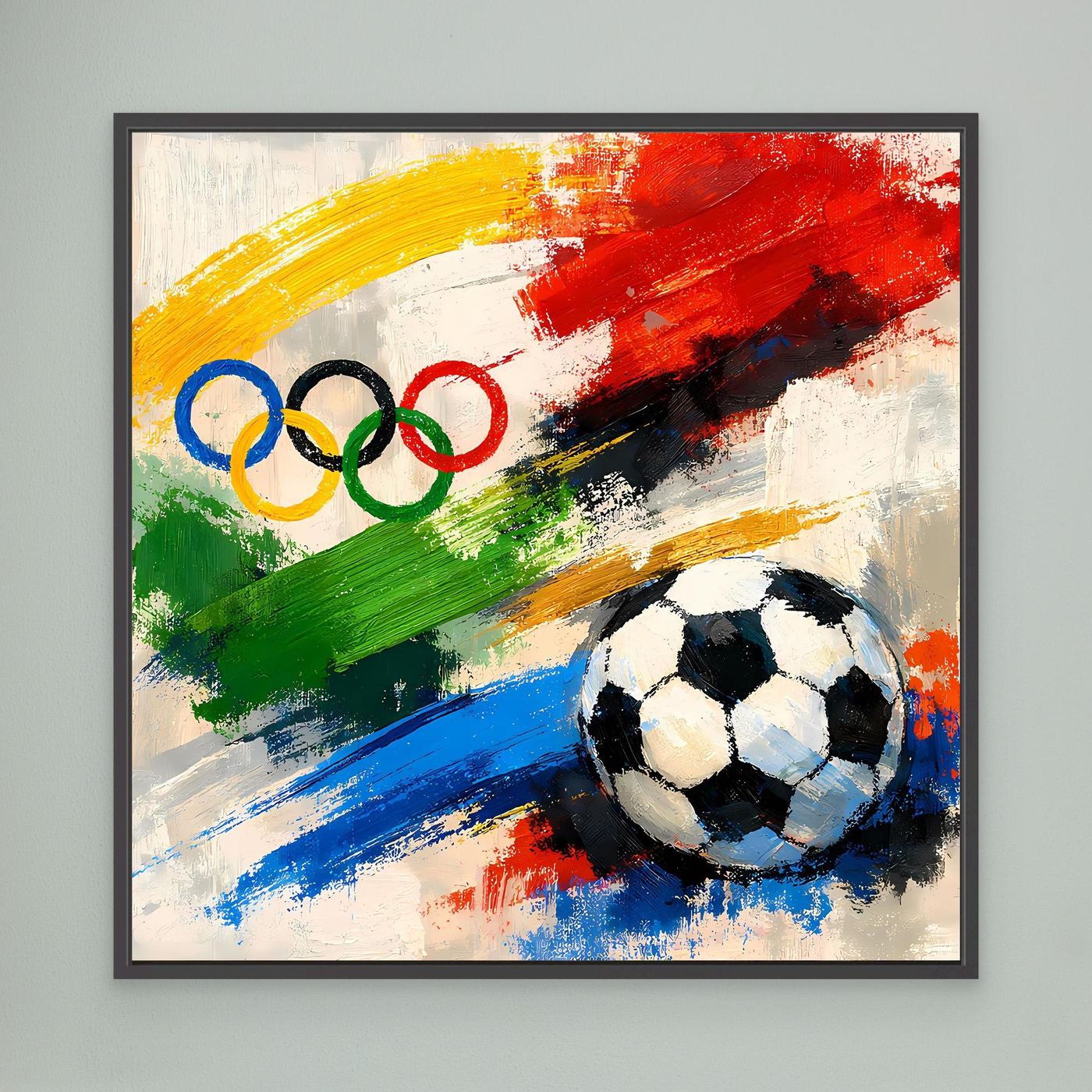 Schwarzes gerahmtes Leinwandbild mit abstrakten Farbstrichen, olympischen Ringen und Fußball