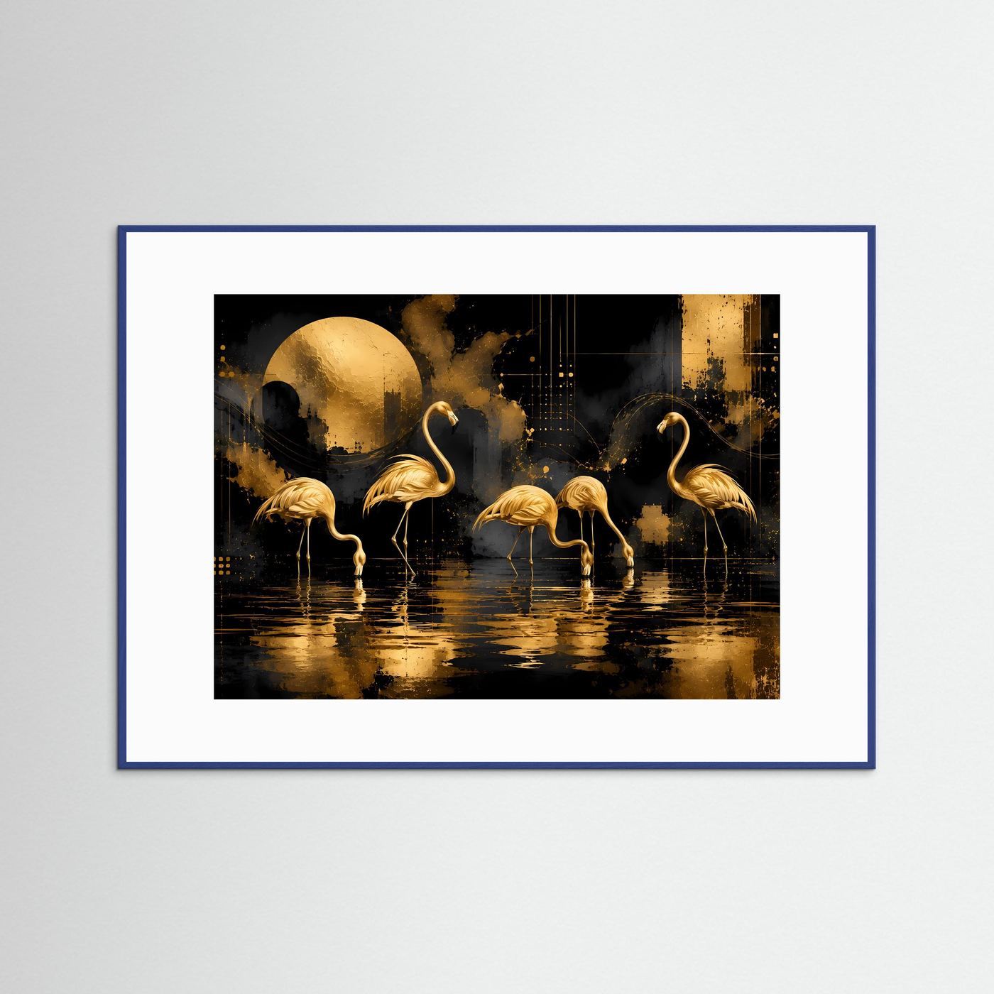 Wandbild mit goldenen Flamingos auf dunklem Hintergrund im blauen Rahmen