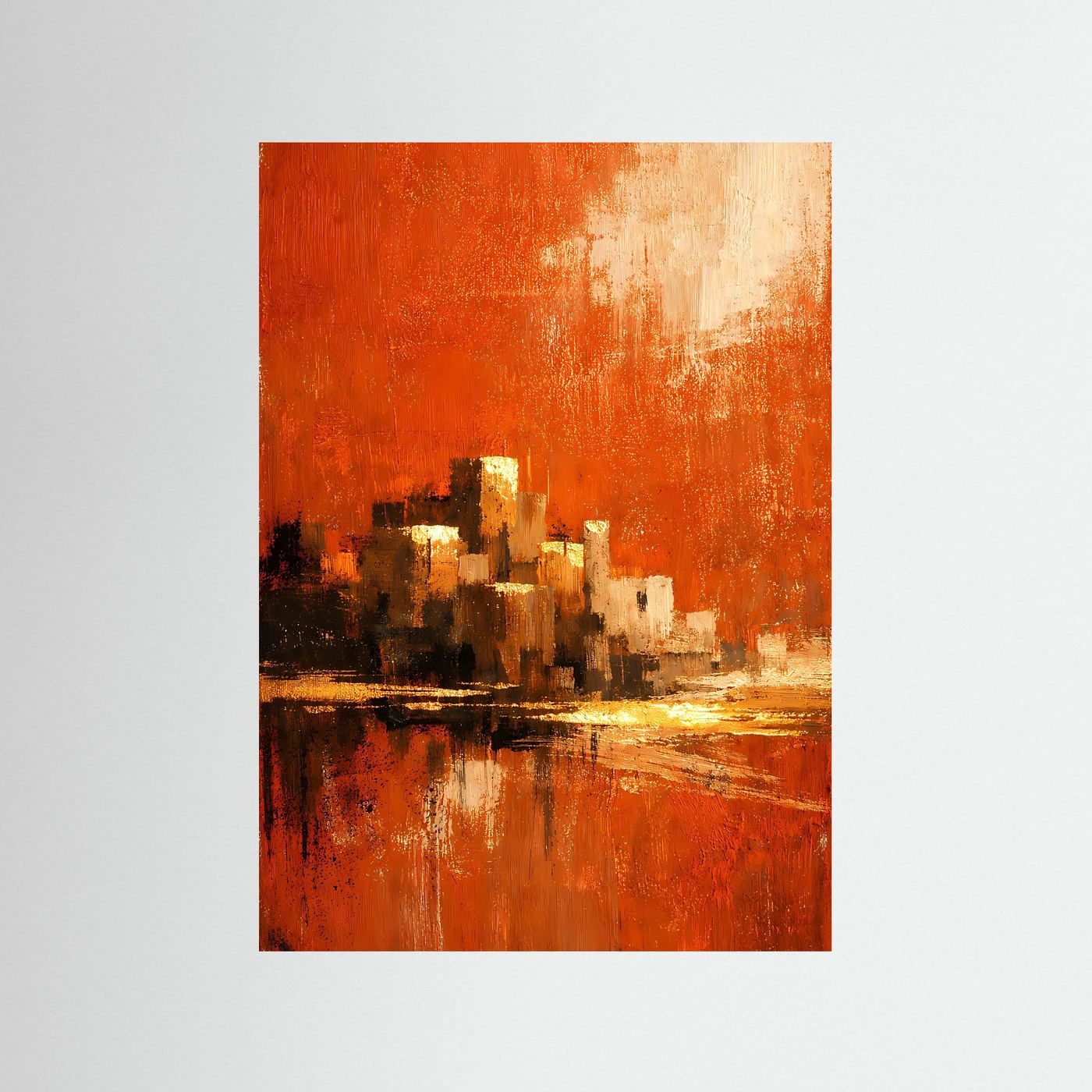 Hochformatiges abstraktes Kunstposter mit terrakotta-orangem Farbverlauf, goldenen Highlights und Spiegelung