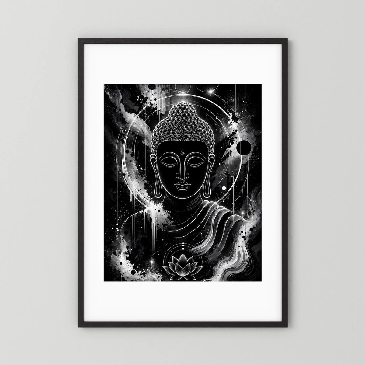 Schwarzweiß-Poster mit Buddha-Gesicht, Lotusblüte und kosmischer Aura, in schwarzem Rahmen.