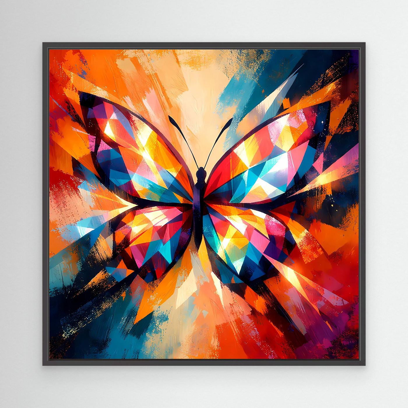 Leinwand-Wandbild: farbenfroher Schmetterling mit geometrischem Muster, schwarzer Rahmen