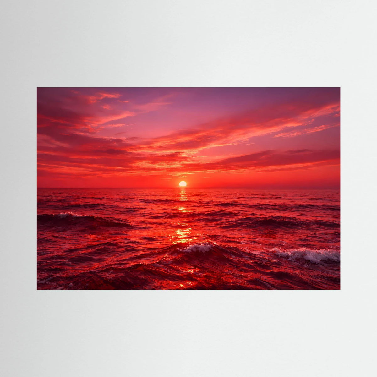 Querformat-Wandbild mit Sonnenuntergang über dem Meer, leuchtend rot-orangefarben