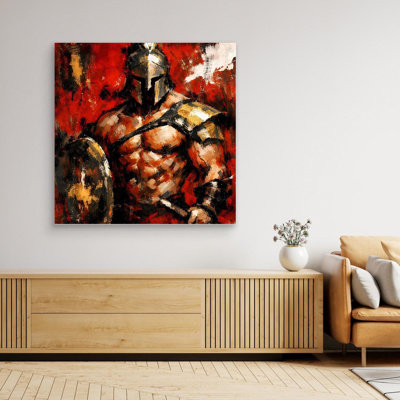 Leinwand Legendärer Spartaner in Rot | Abstraktes Krieger Wandbild Gold