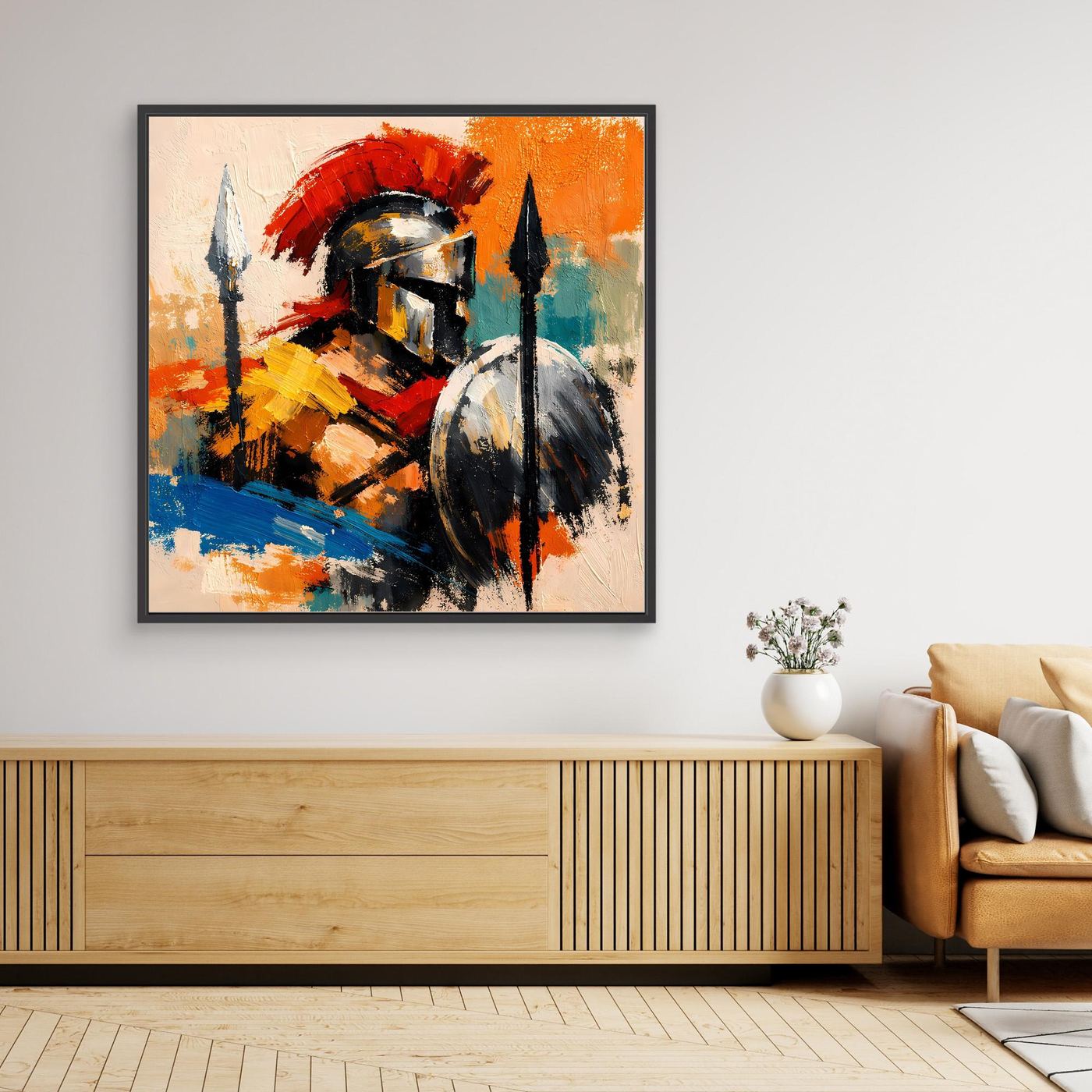 Abstract gladiator wall art with shield and spear, orange red and blue, dark frame