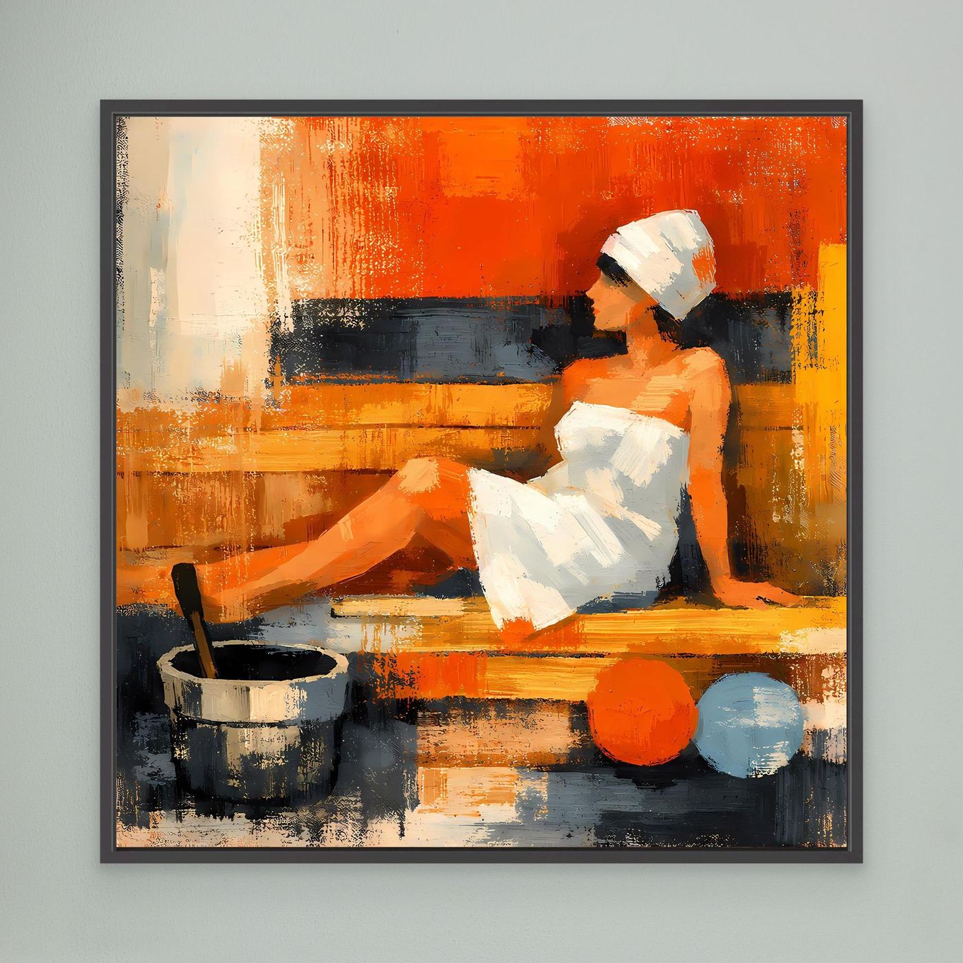 Framed canvas wall art: abstract sauna woman seated, bucket and orange-blue spheres on table