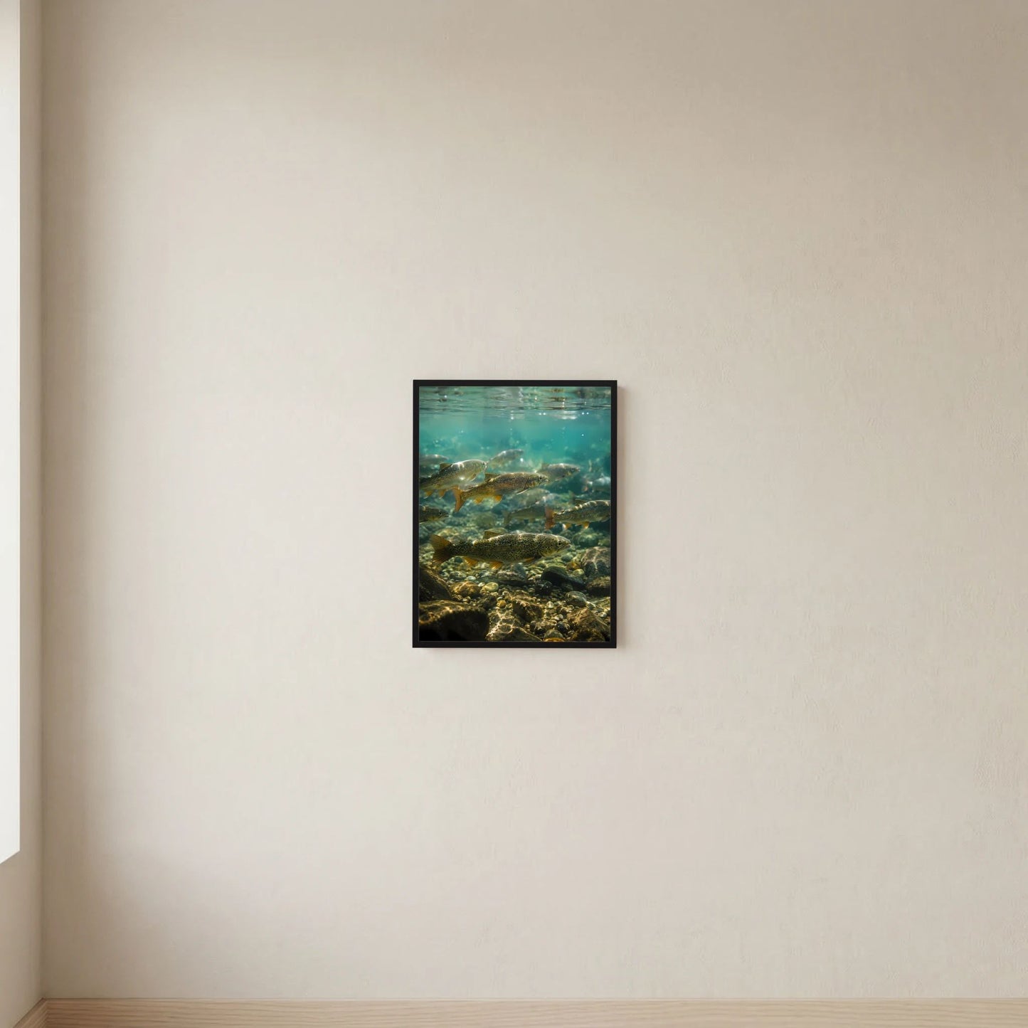 Hochformat-Poster mit Unterwasseransicht: Forellen zwischen hellen Flusssteinen