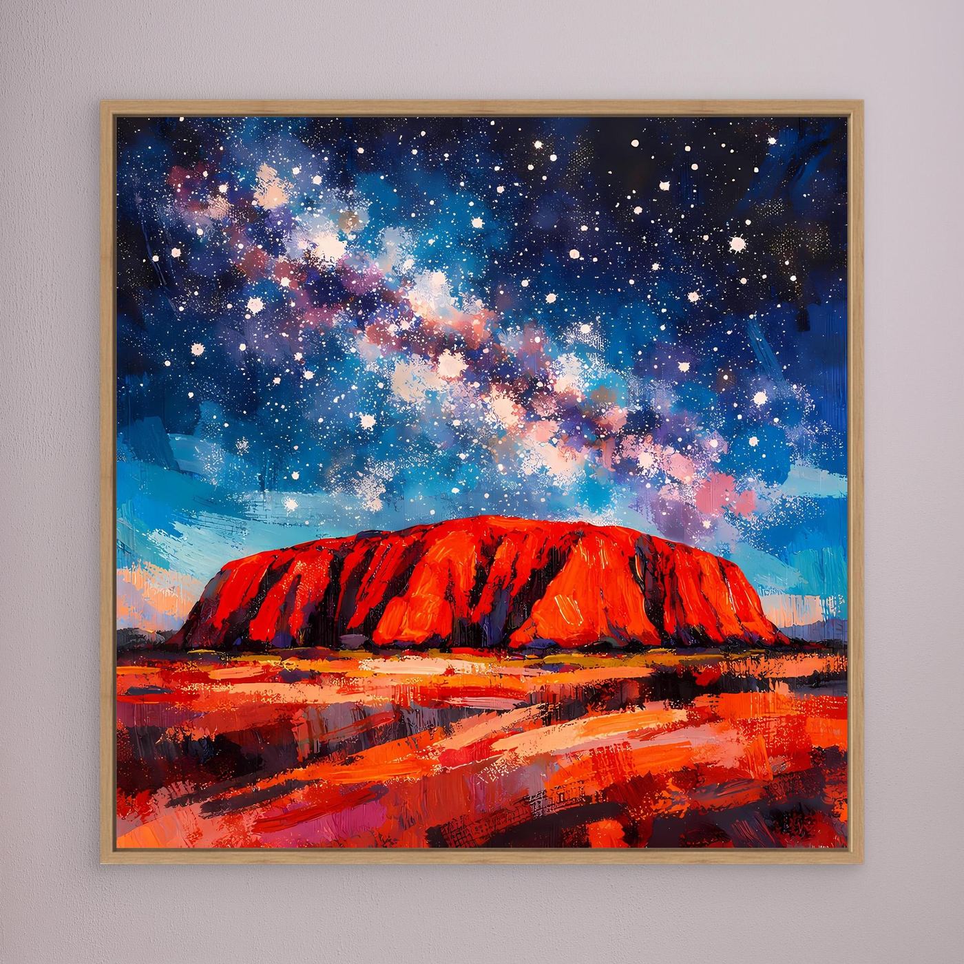 Wandbild mit Milchstraße über rotem Uluru, abstrakt, braun gerahmt