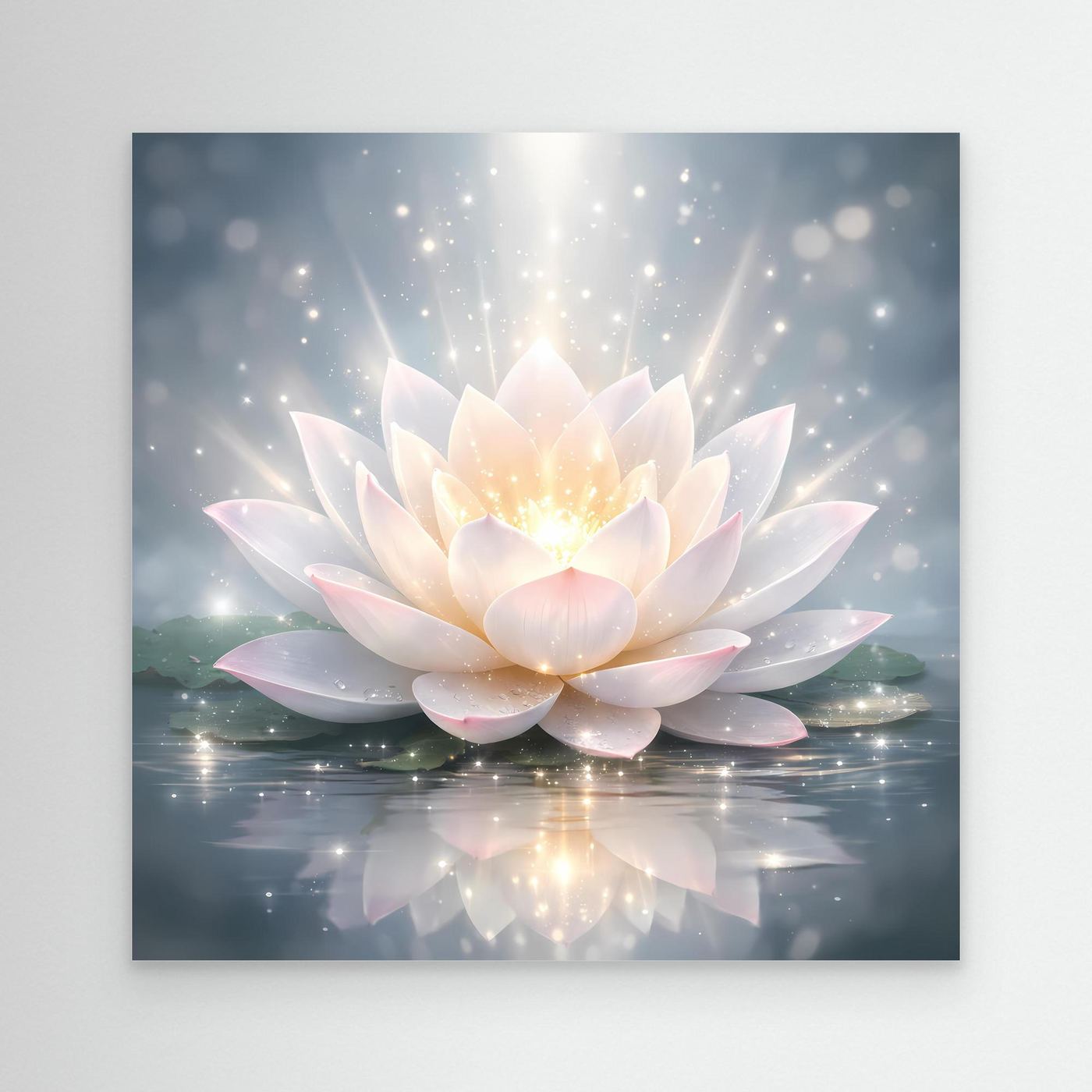 Leinwandbild mit leuchtender Lotusblüte, helle Blüten, glänzende Wasseroberfläche