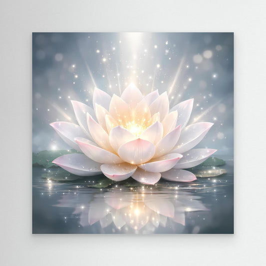 Leinwandbild mit leuchtender Lotusblüte, helle Blüten, glänzende Wasseroberfläche