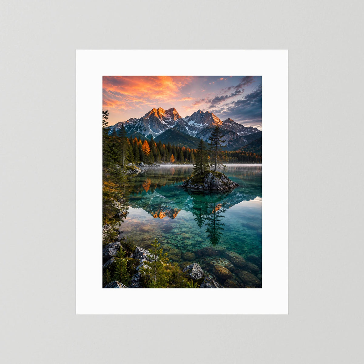 Kristallklarer Bergsee im Abendlicht | Bergpanorama mit Spiegelung | Poster Hochformat