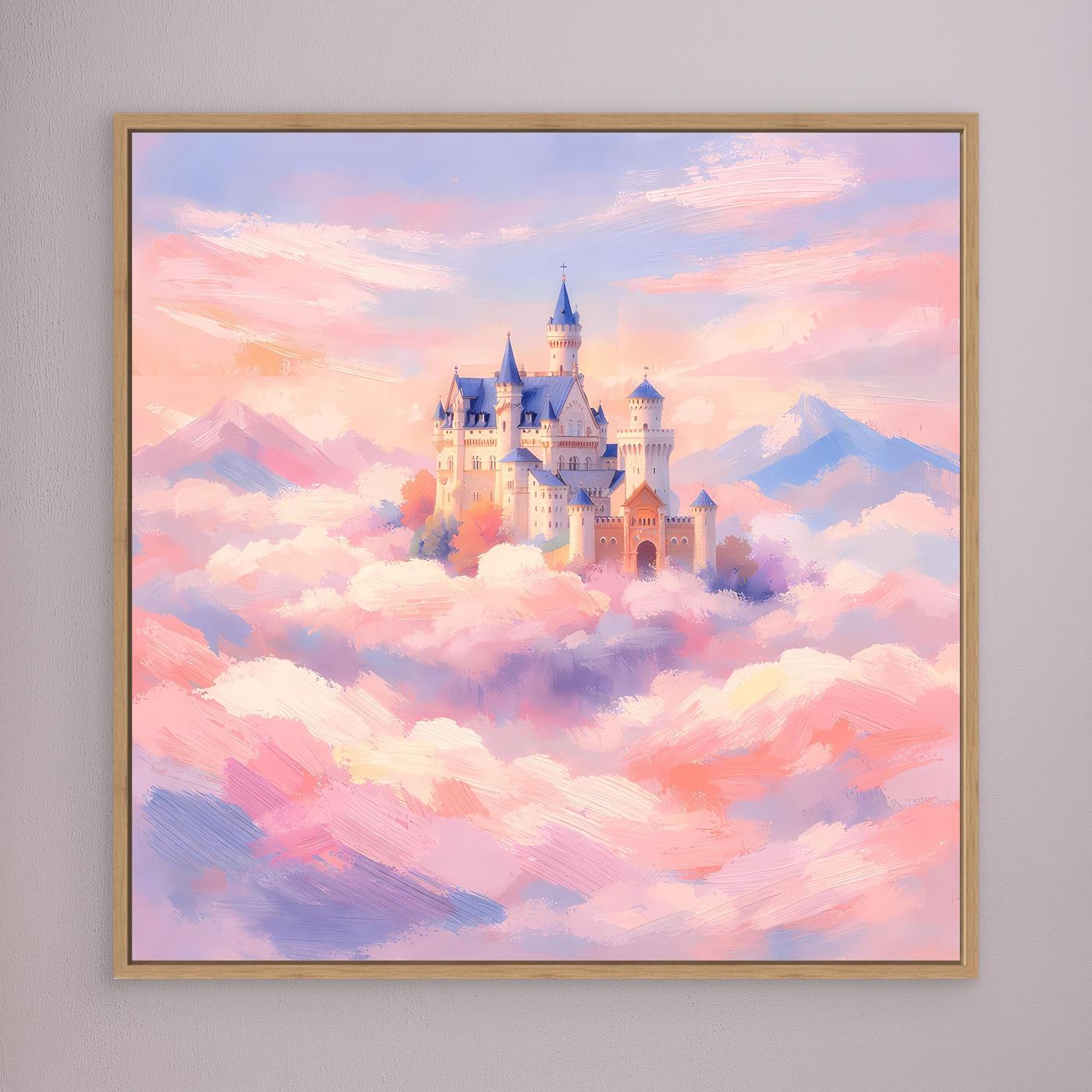 Leinwand Schloss Neuschwanstein über Wolken | Märchenhafte Pastelltöne Wandbild