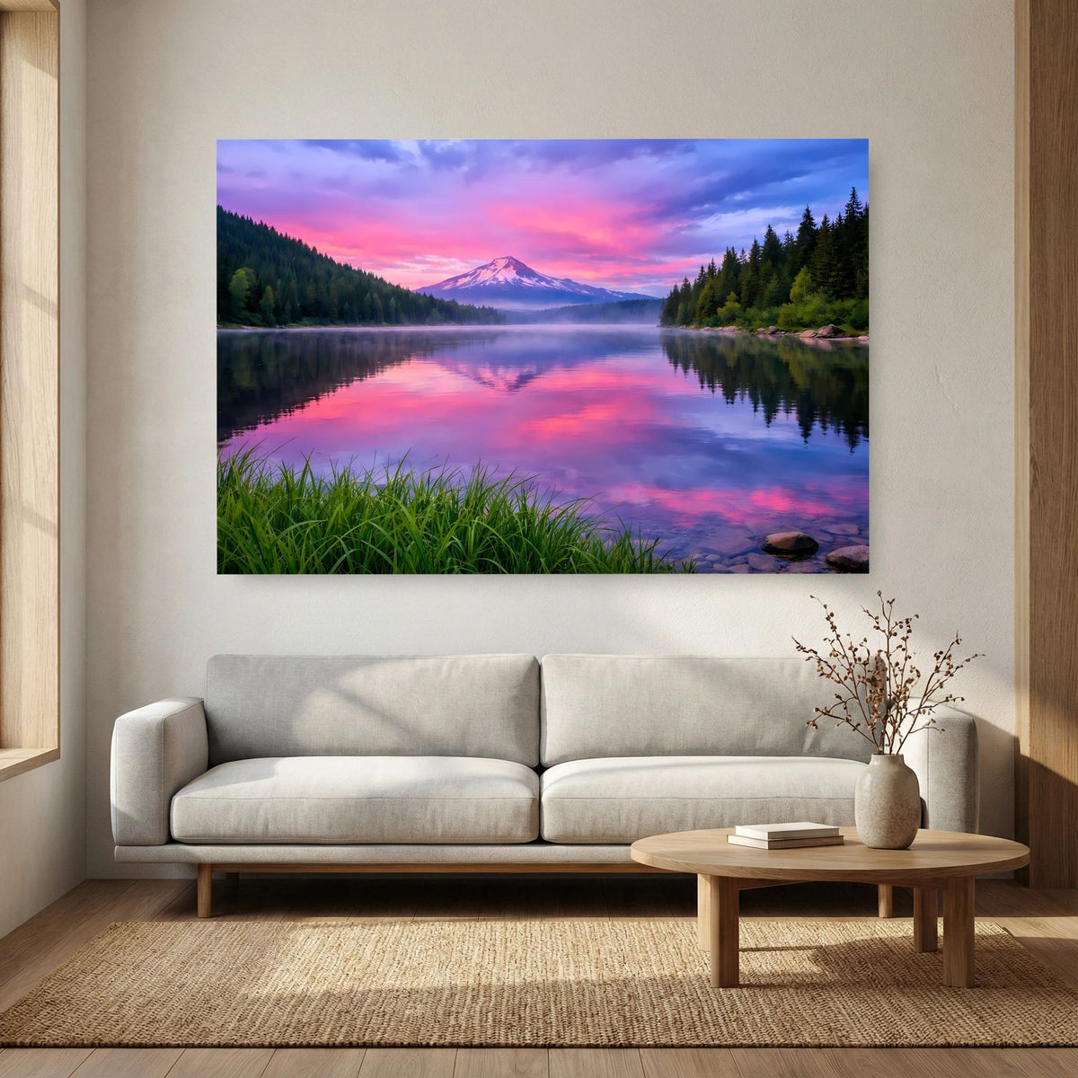 Querformat-Wandbild mit ruhigem Bergsee, Reflexionen und Abendhimmel in Pink-Blau-Tönen