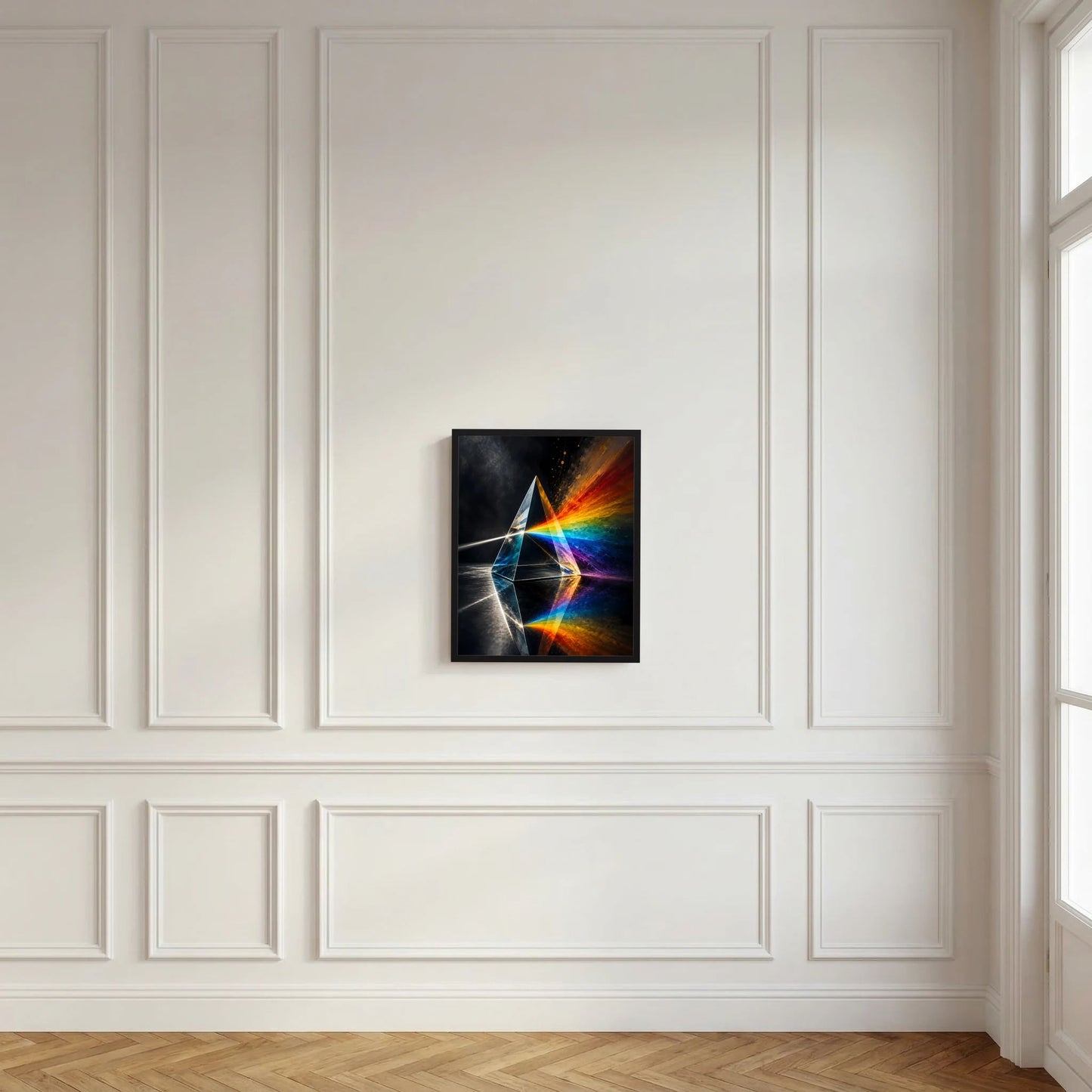 Wandposter im Hochformat mit Lichtprisma und buntem Regenbogen-Spektrum auf dunklem Motiv.