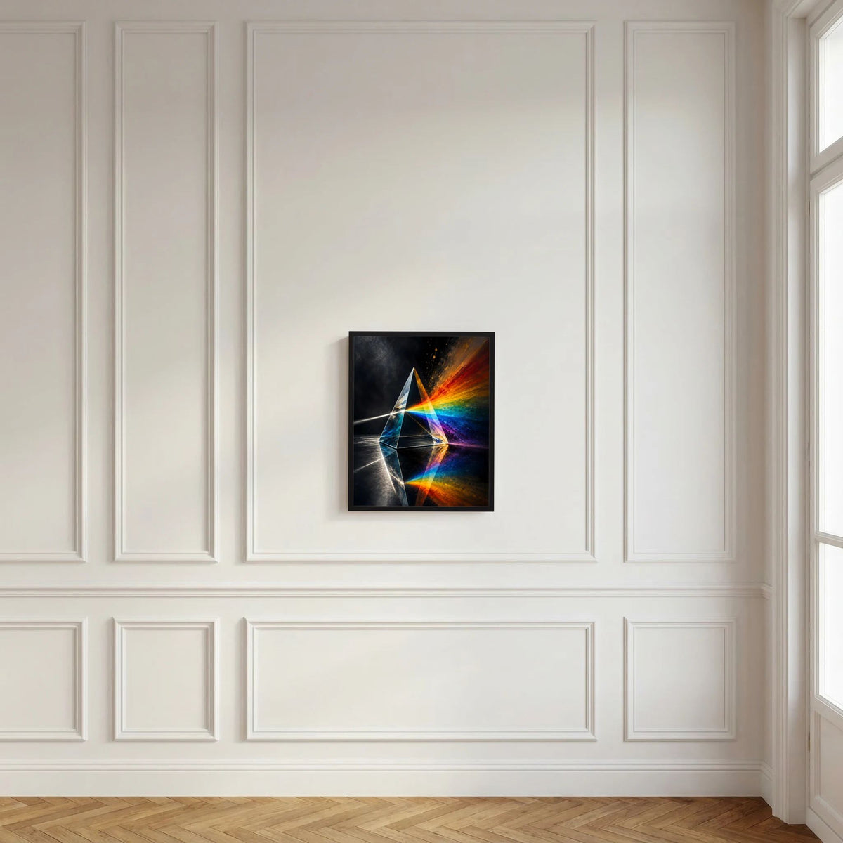 Wandposter im Hochformat mit Lichtprisma und buntem Regenbogen-Spektrum auf dunklem Motiv.