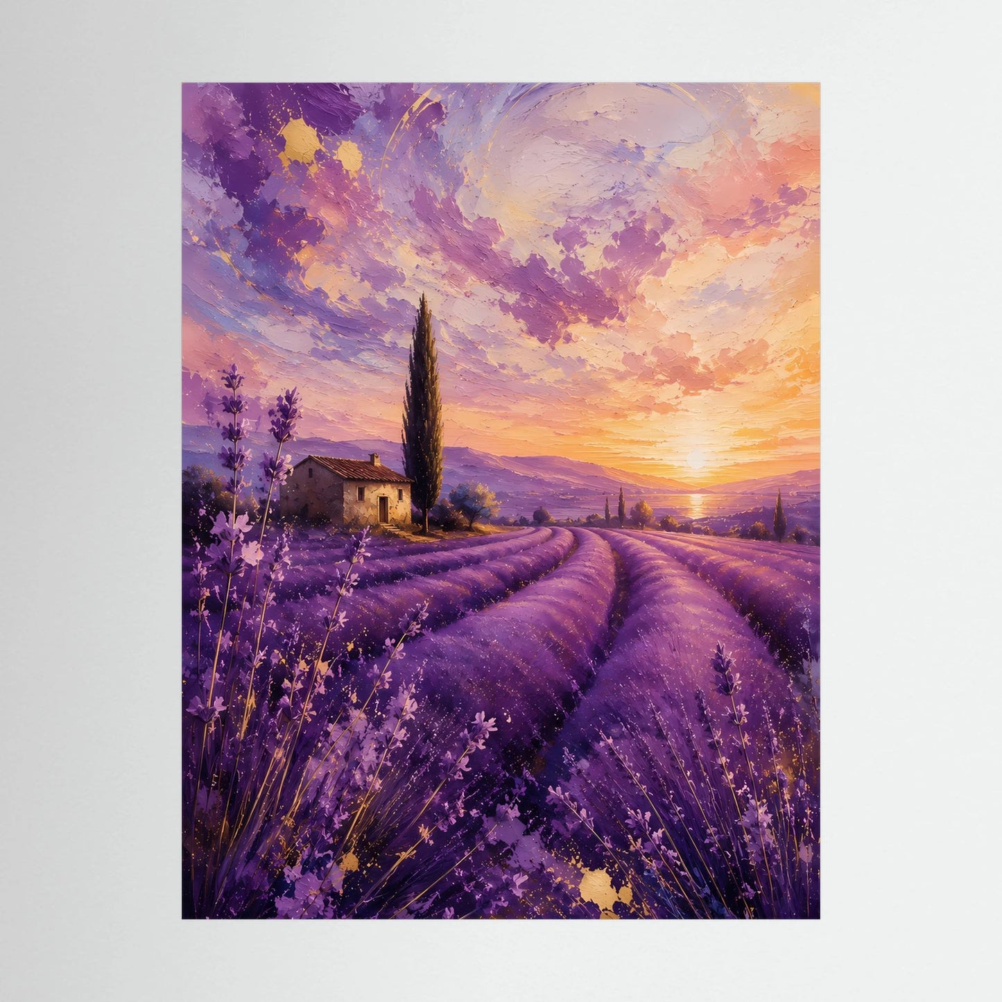 Hochformat-Poster Motiv Lavendelfeld bei Sonnenuntergang in Violett und Gold, nahansicht