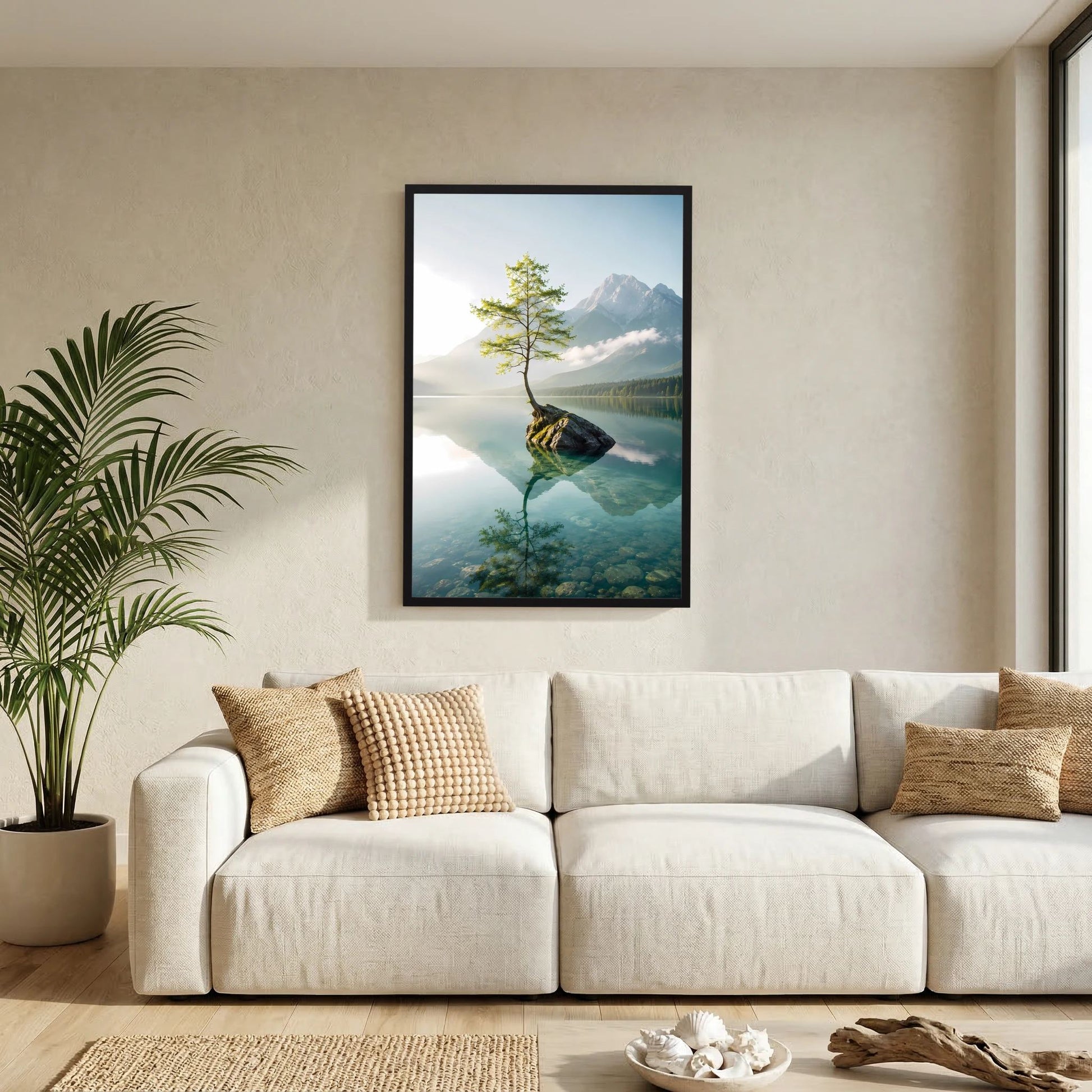 Baum im Bergsee | Stille Berglandschaft mit Spiegelung | Poster Hochformat