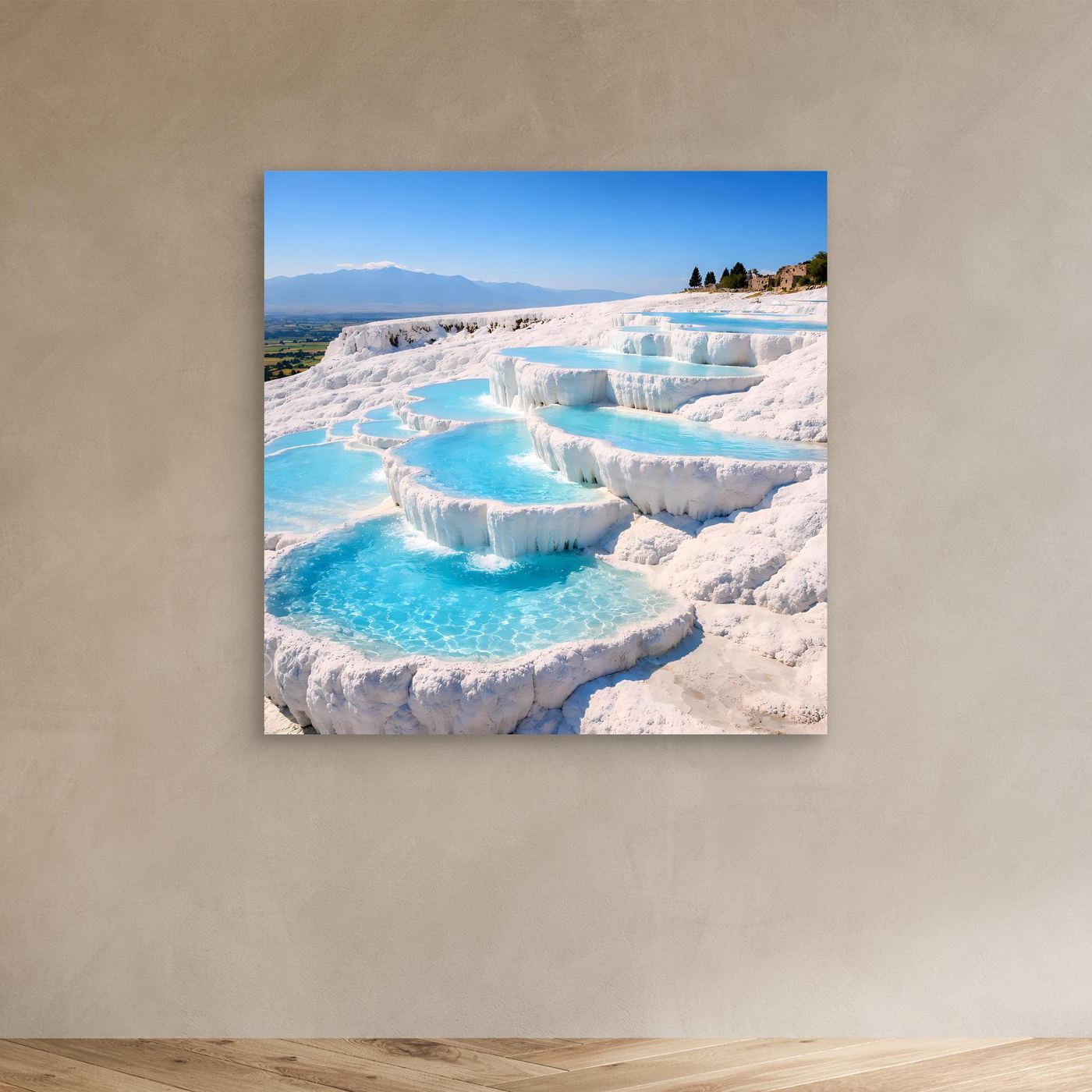 Leinwandbild: türkisfarbene Thermalbecken und weiße Kalkterrassen von Pamukkale