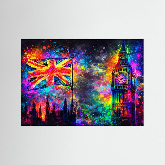 Poster Big Ben und Union Jack | Neonfarbenes London | Modernes Pop‑Art Wandbild