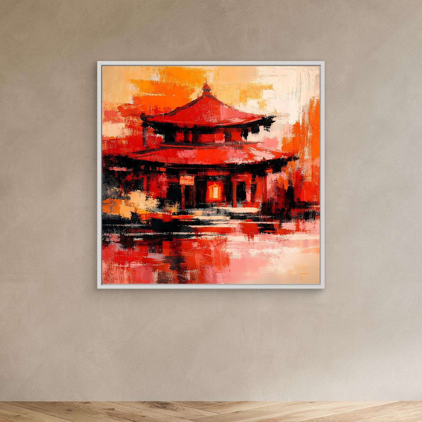 Wandbild mit asiatischer Pagode in Rot-Orange, schwarze Umrisse, im weißen Rahmen