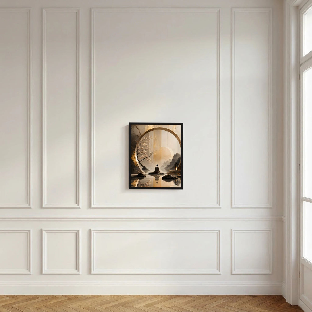 Hochformat-Wandposter mit schwarzem Rahmen: goldener Kreis, meditierende Figur, Kirschblüten