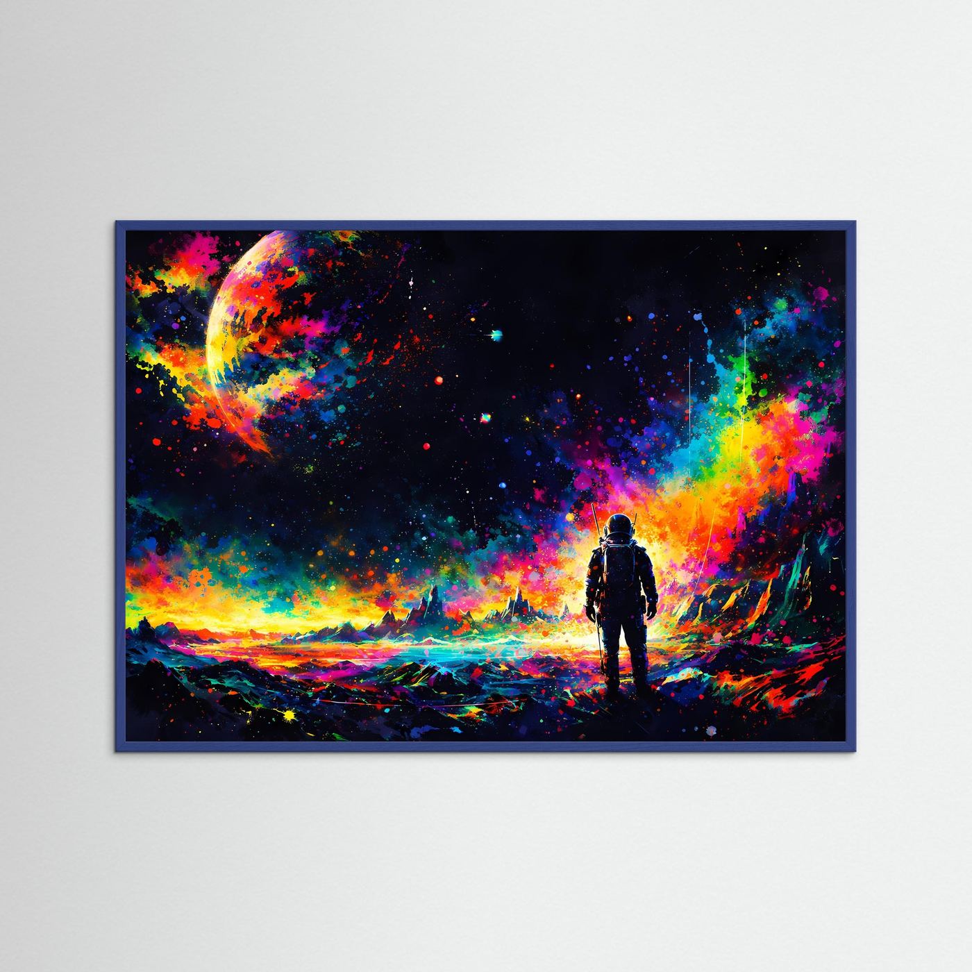 Wandbild mit Astronauten-Silhouette im Neon-Weltraum, umrahmt von blauem Rahmen
