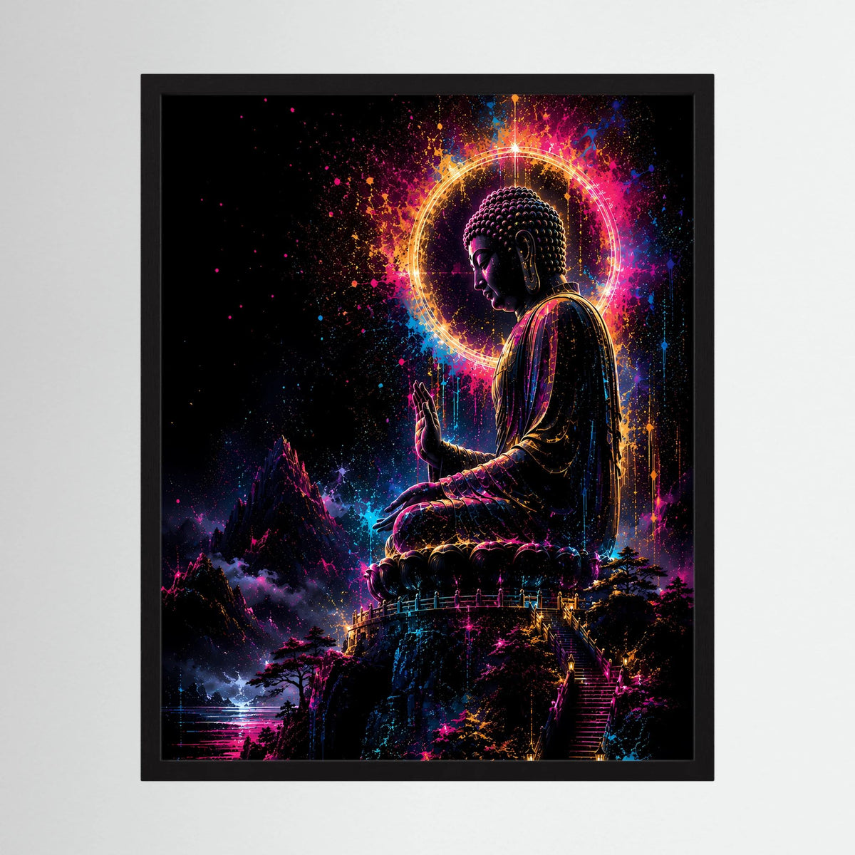 Gerahmtes Hochformat-Poster: sitzender Buddha im Neonlicht mit leuchtendem Aura-Ring