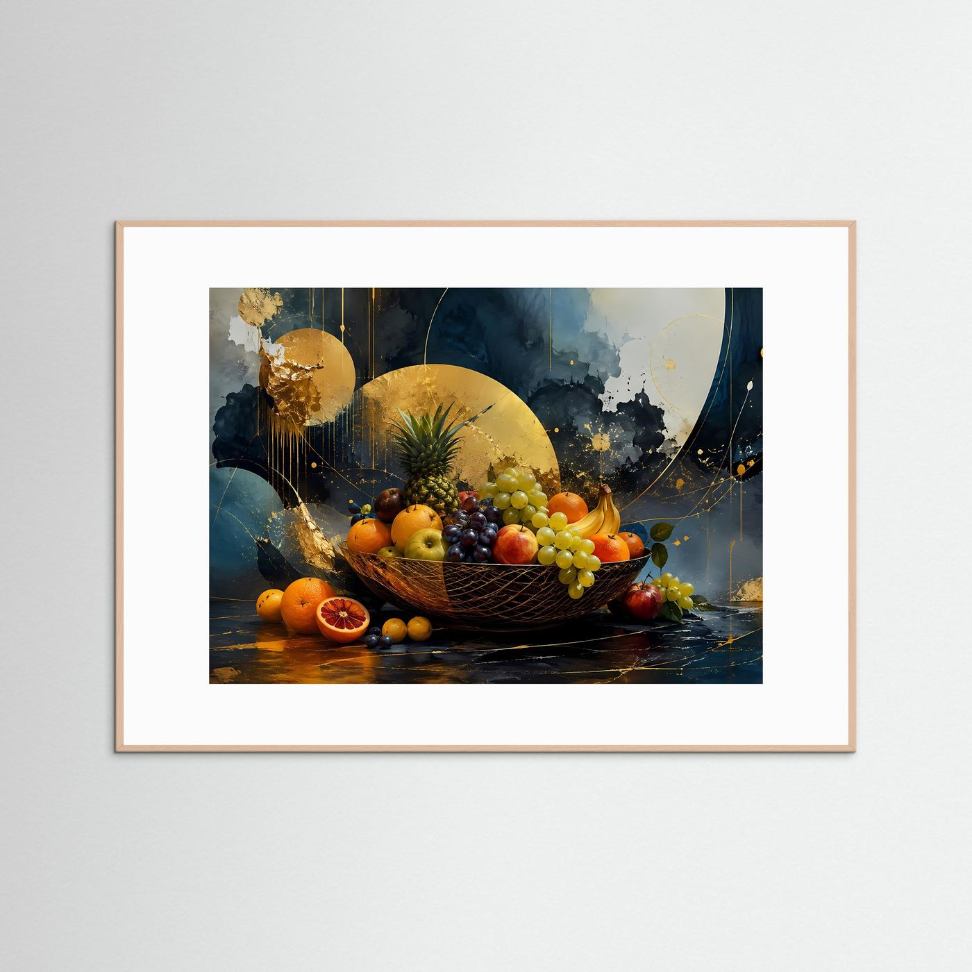 Obstschale Poster | Modernes Stillleben Wandbild | Abstrakte Küchenkunst | Gold Schwarz Leinwand | Luxus Fine Art Print