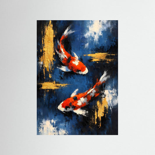 Poster mit Koi-Karpfen: tiefblau, orange-weiße Fische, goldene Farbspuren
