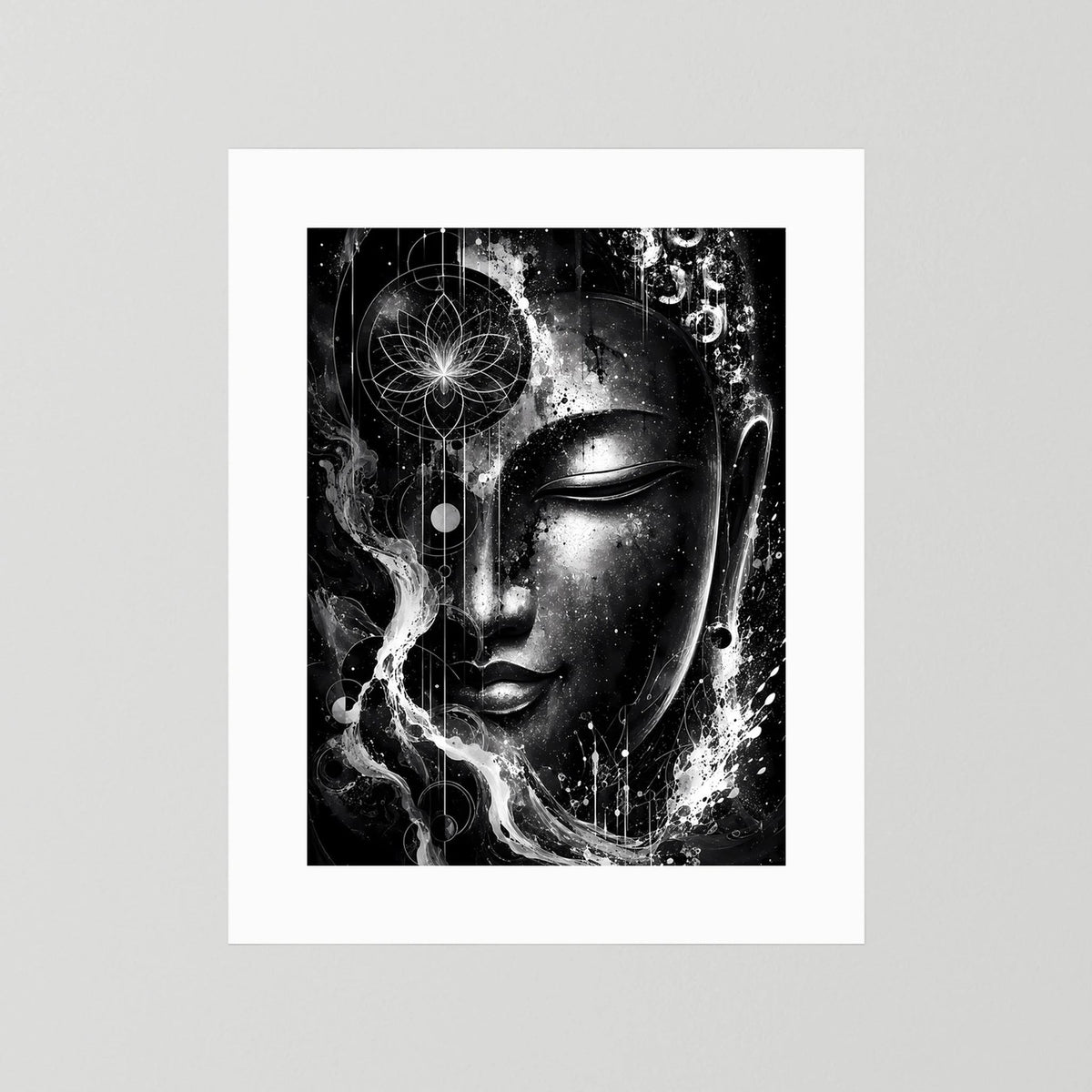 Poster mit abstraktem Buddha-Gesicht in Schwarzweiß, weißer Passepartout-Rahmen
