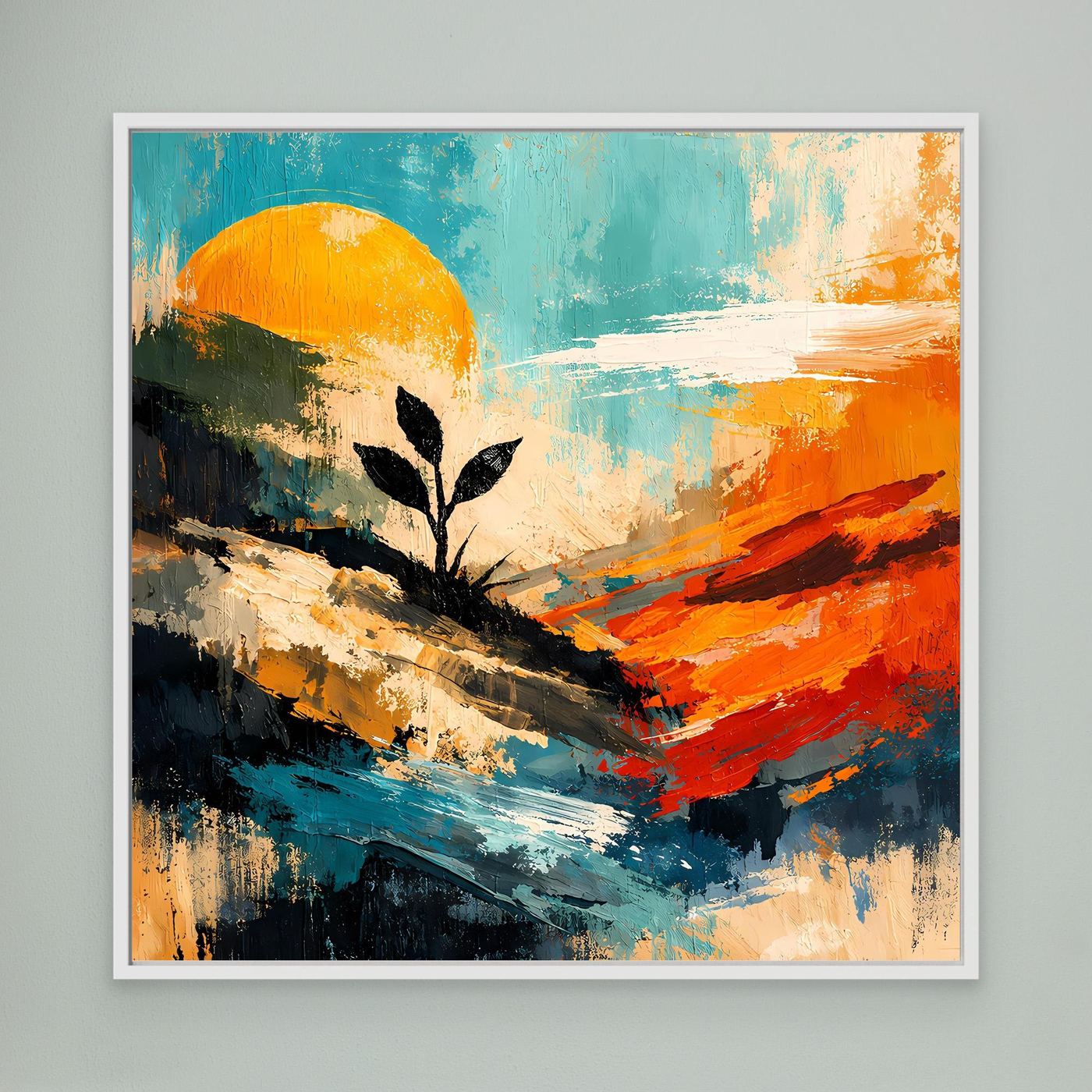 Gerahmtes Wandbild: abstraktes Pflanzenmotiv mit Sonnenkreis, türkis, orange und blau