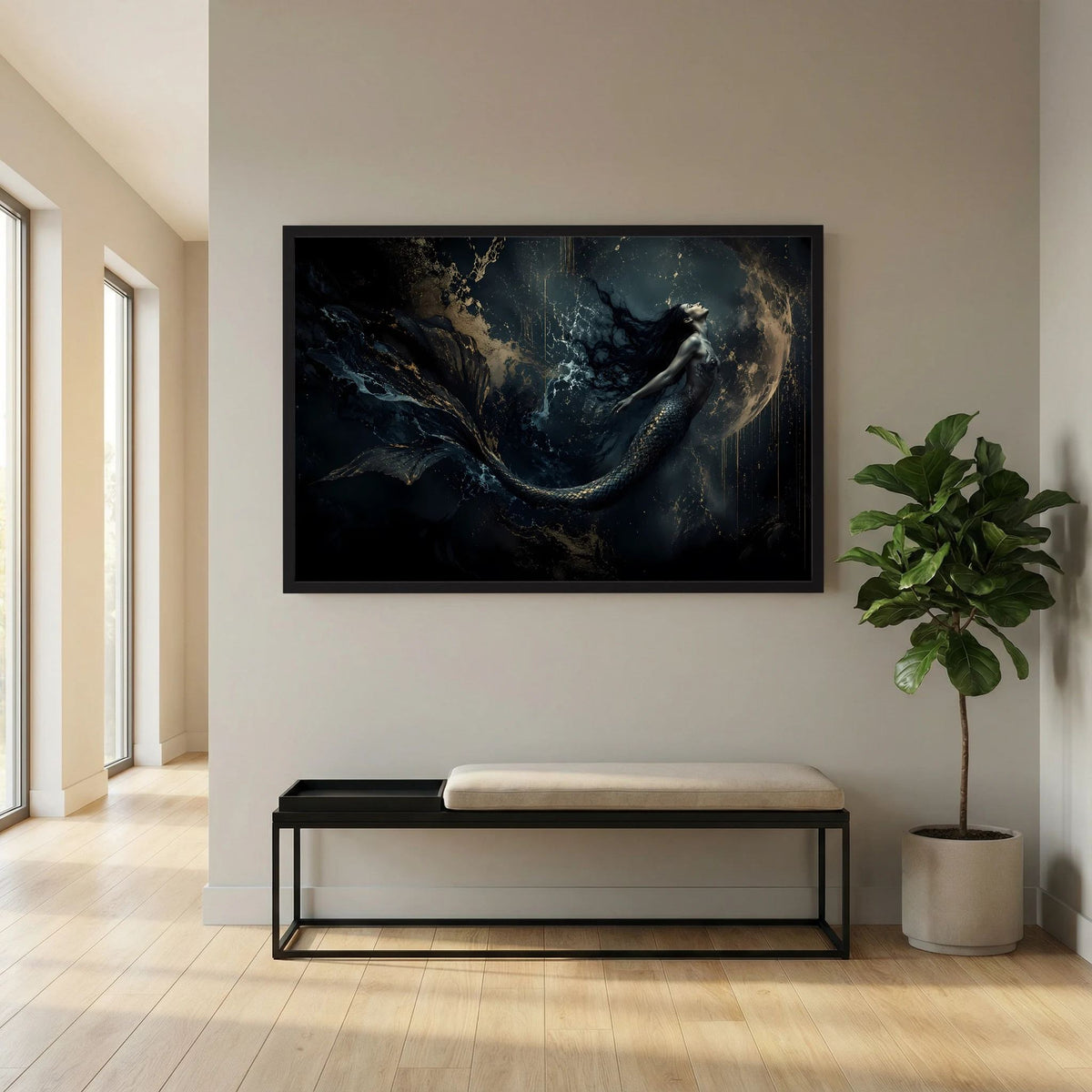Querformatiges Fantasy-Wandbild mit Meerjungfrau, schwarz-gold, schwarzer Rahmen