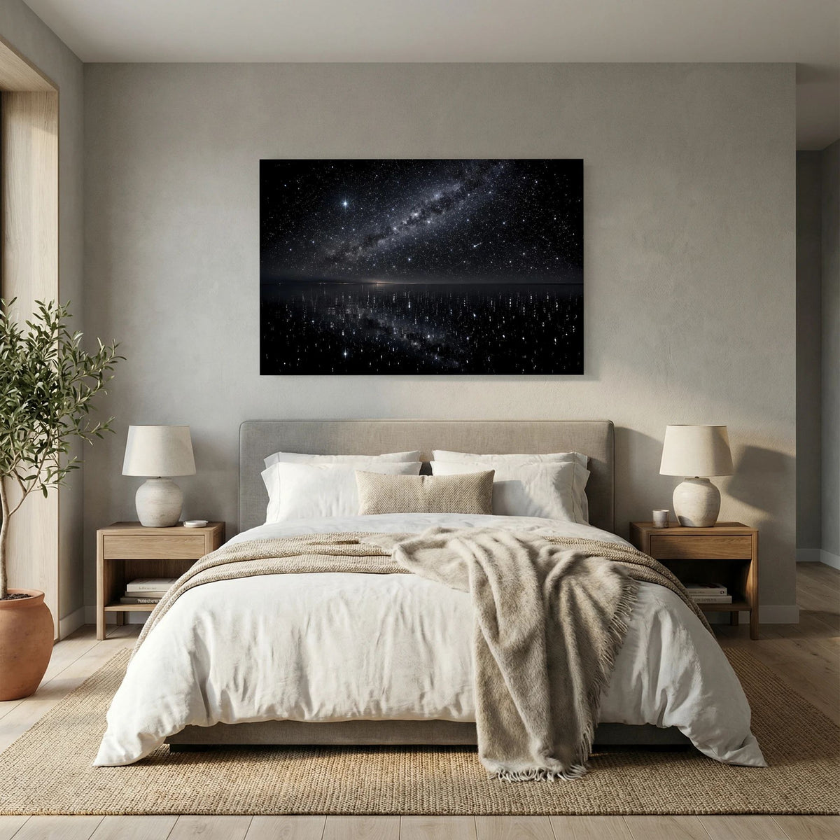 Wandbild im Querformat: Sternennacht am Spiegelsee, dunkler Himmel mit leuchtenden Sternen.