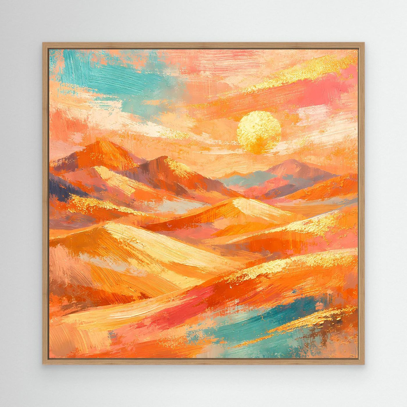 Leinwandbild abstrakte Wüstenlandschaft mit Sonne, Bergzügen und Eichenholzrahmen