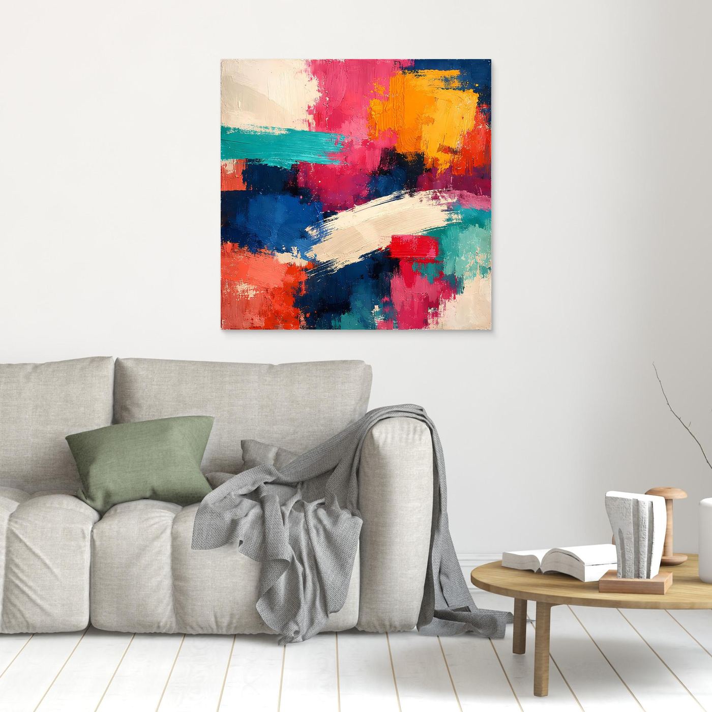 Kleines abstraktes Leinwand-Wandbild mit bunten Farbflächen in Pink, Gelb, Blau, ohne breiten Rahmen