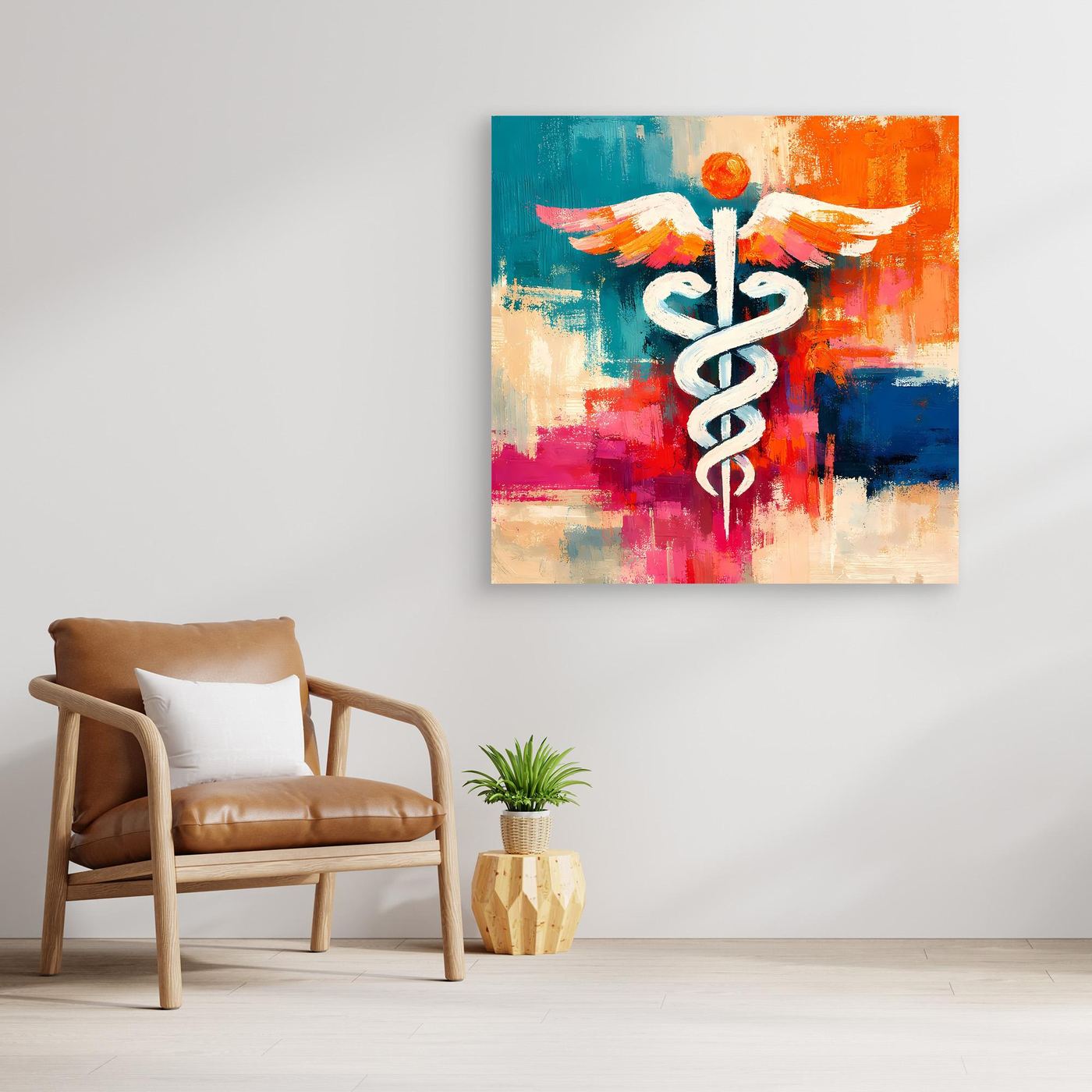 Abstract medical symbol wall canvas with white winged staff over teal, orange, pink, and blue blocks