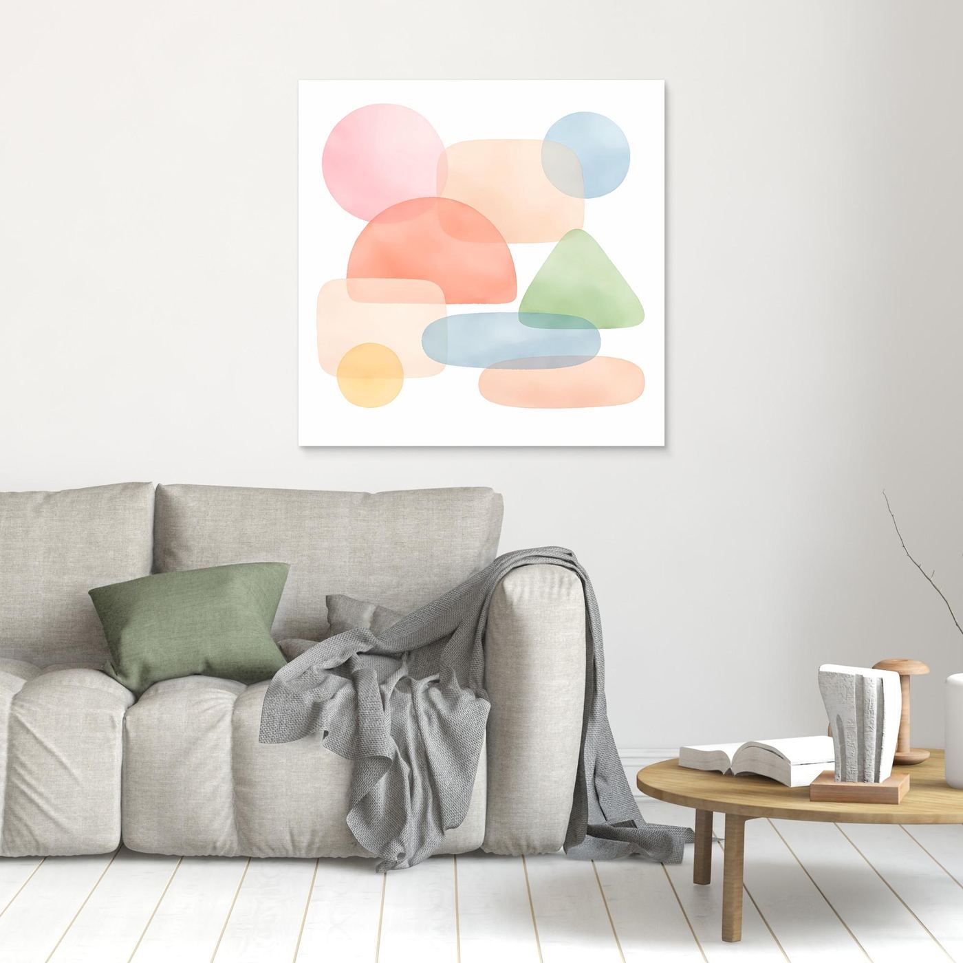 Leinwandbild mit abstrakten Pastellformen in Pink, Blau, Grün und Beige, weißer Rahmen