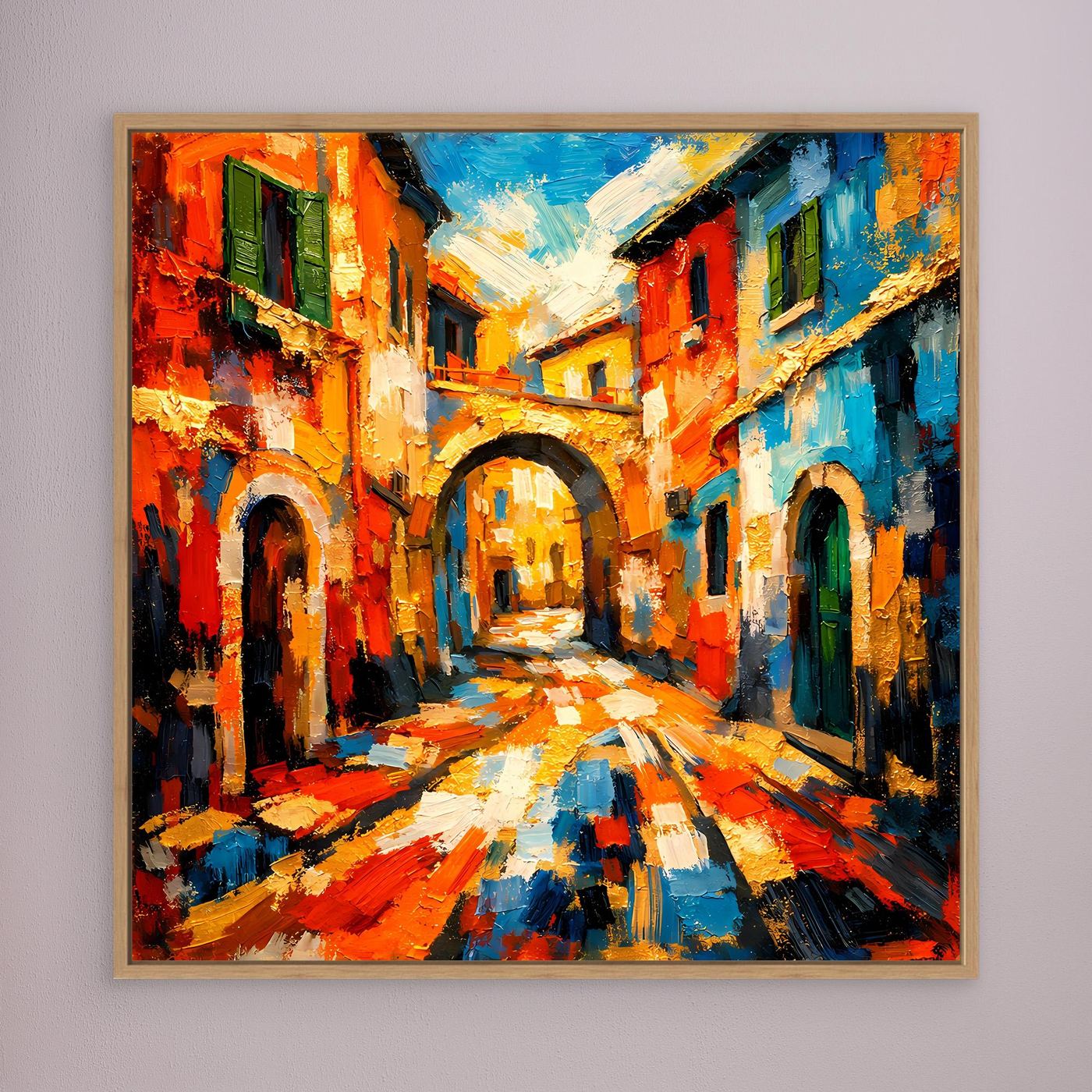 Leinwandbild mit hellem Holzrahmen: abstrakte Gasse in Orange-, Rot- und Blautönen