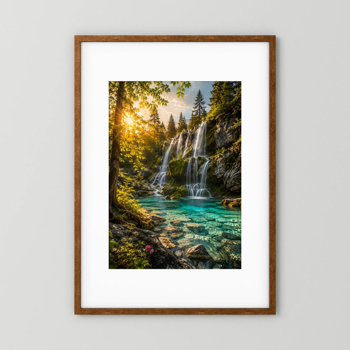 Poster mit Wasserfall im Wald und türkisfarbenem Becken, brauner Holzrahmen