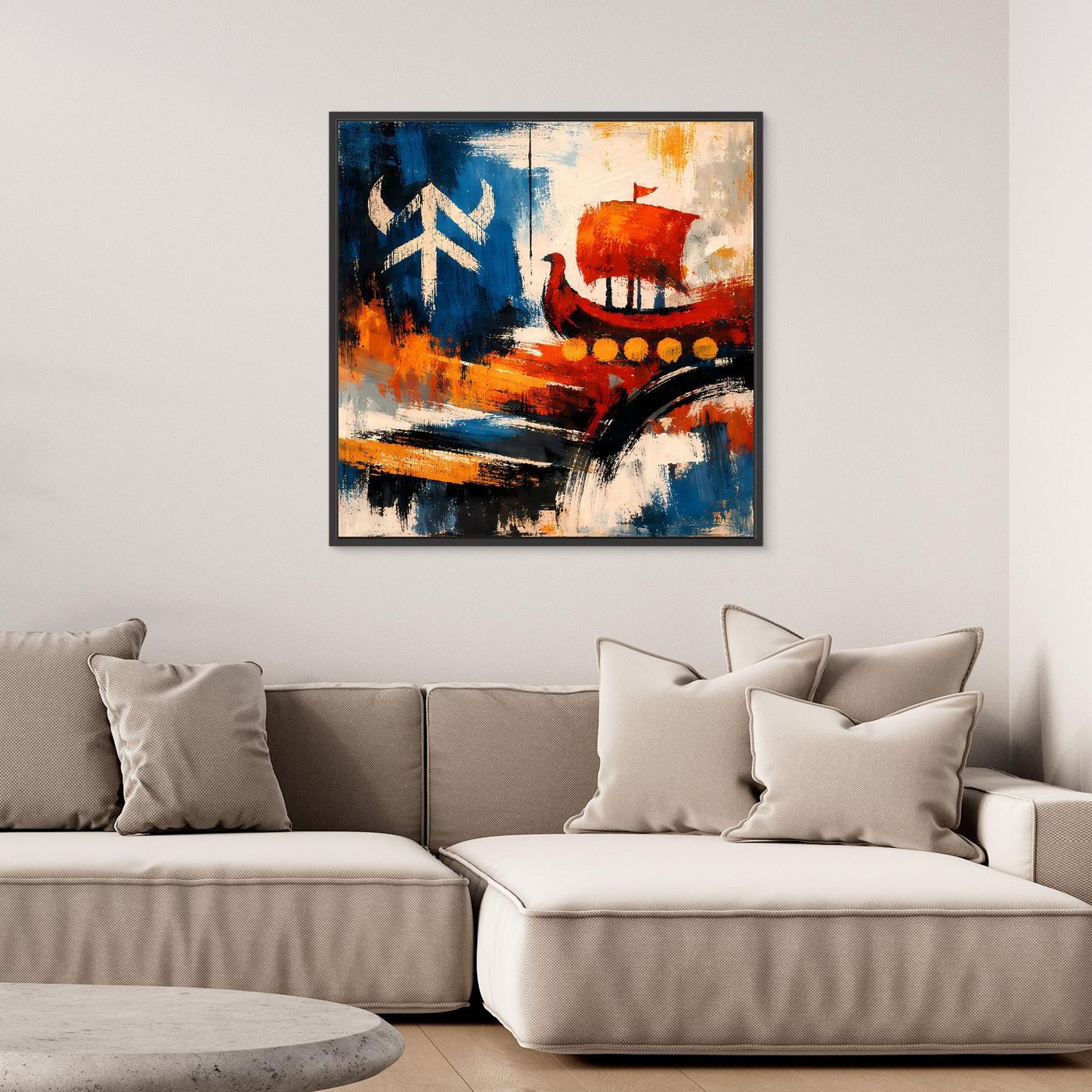 Leinwandbild mit abstraktem Wikingerschiff in Blau und Rot, mit schwarzem Rahmen