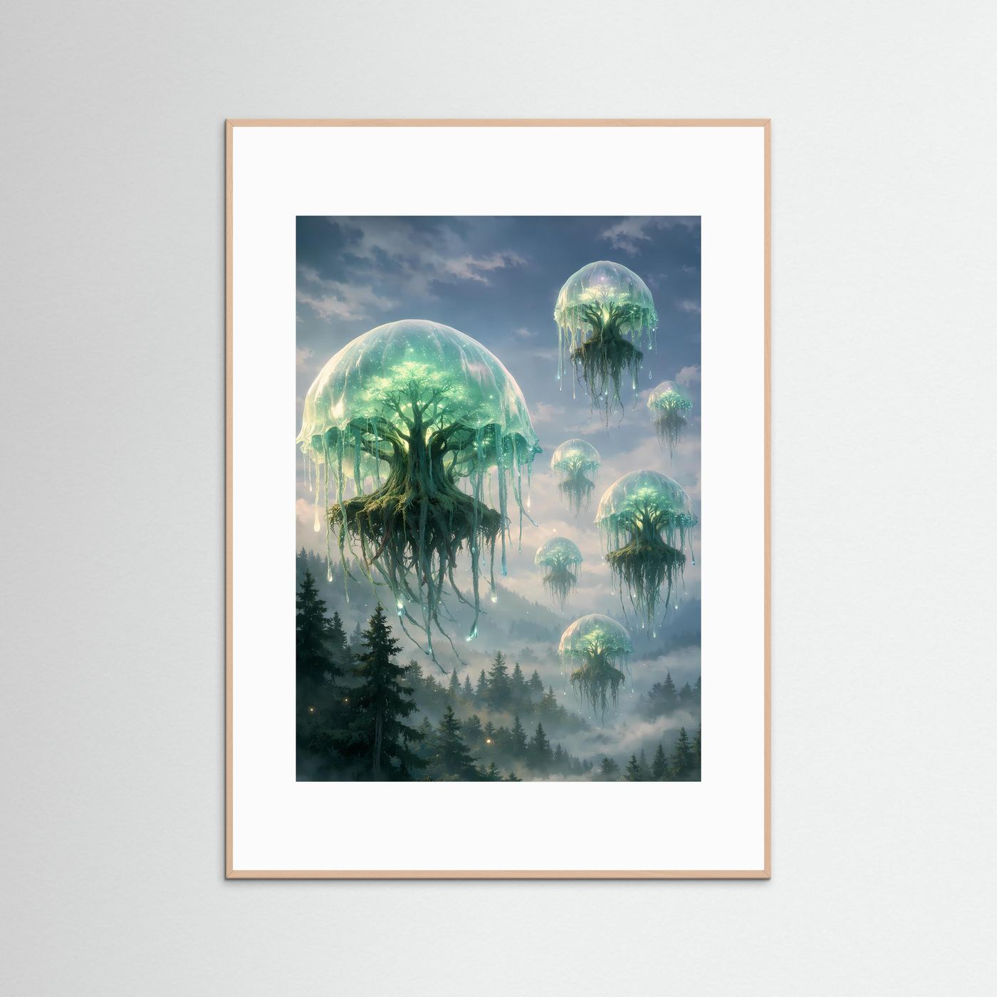 Kunstposter im Hochformat mit rosafarbenem Holzrahmen; schwebende Quallen über Waldnebel