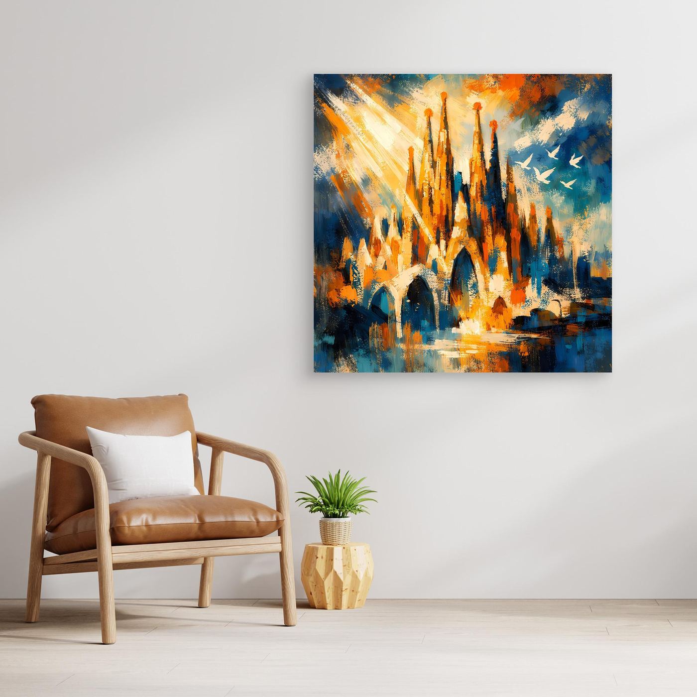Abstraktes Leinwandbild mit braunem Rahmen, Architekturmotiv mit leuchtenden Türmen in Blau und Orange.