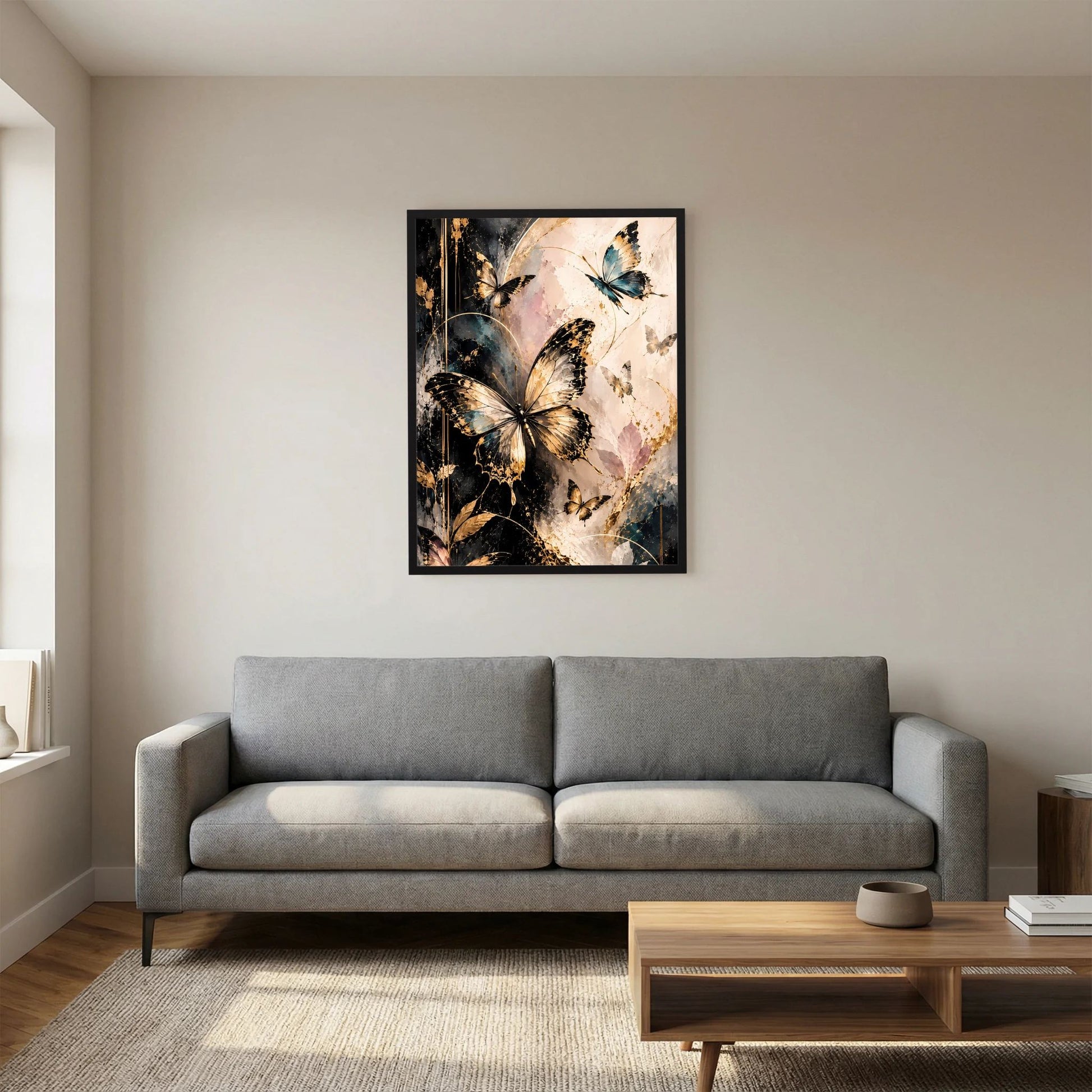 Wandposter im schwarzen Rahmen: Schmetterlinge in Gold, Schwarz und bläulichen Farbtönen