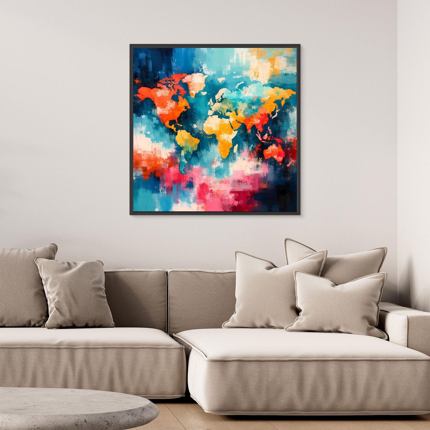 Framed abstract world map wall art featuring colorful drips and blocks