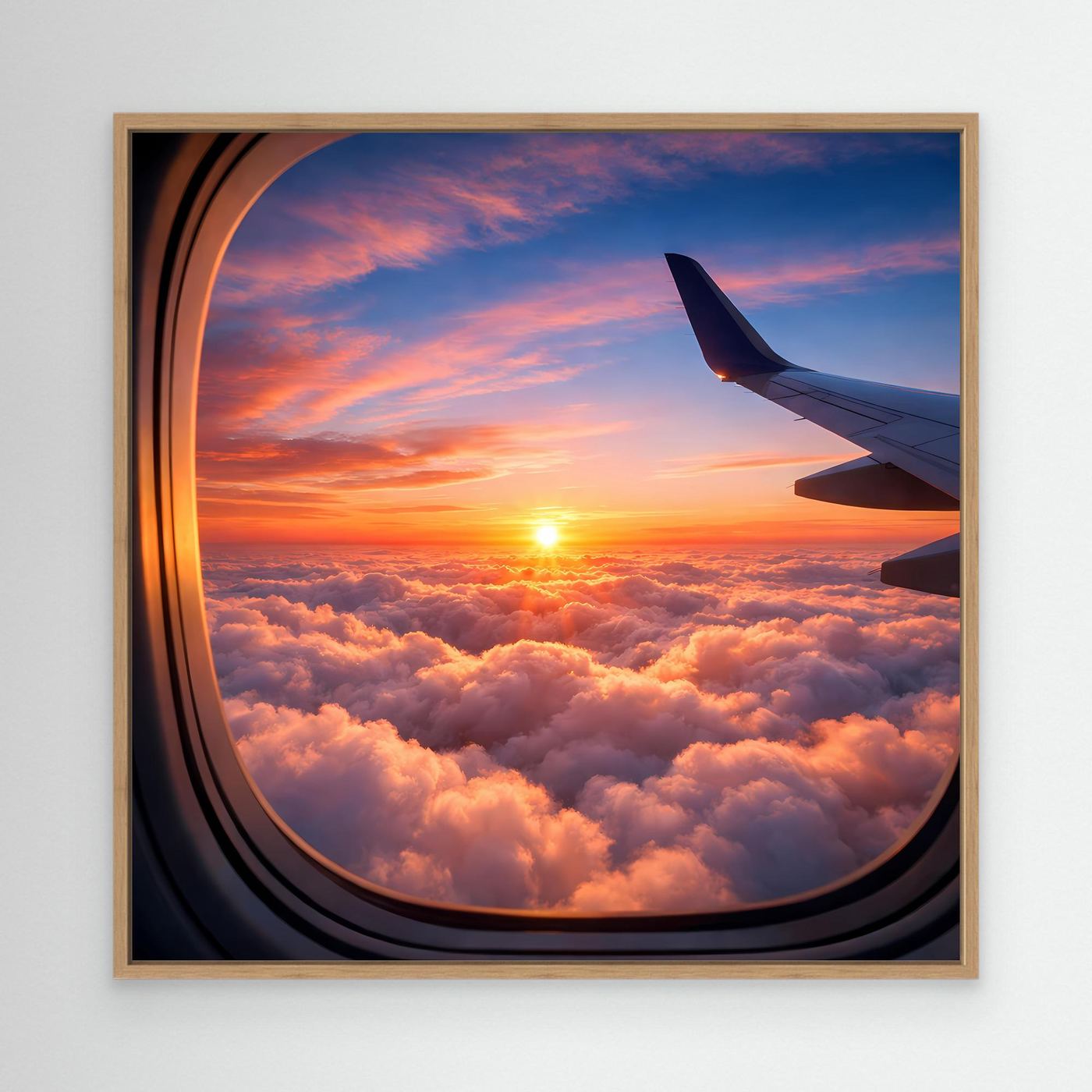Leinwandbild mit Flugzeugfenster, Sonnenuntergang über Wolken; Holzrahmen (hell)