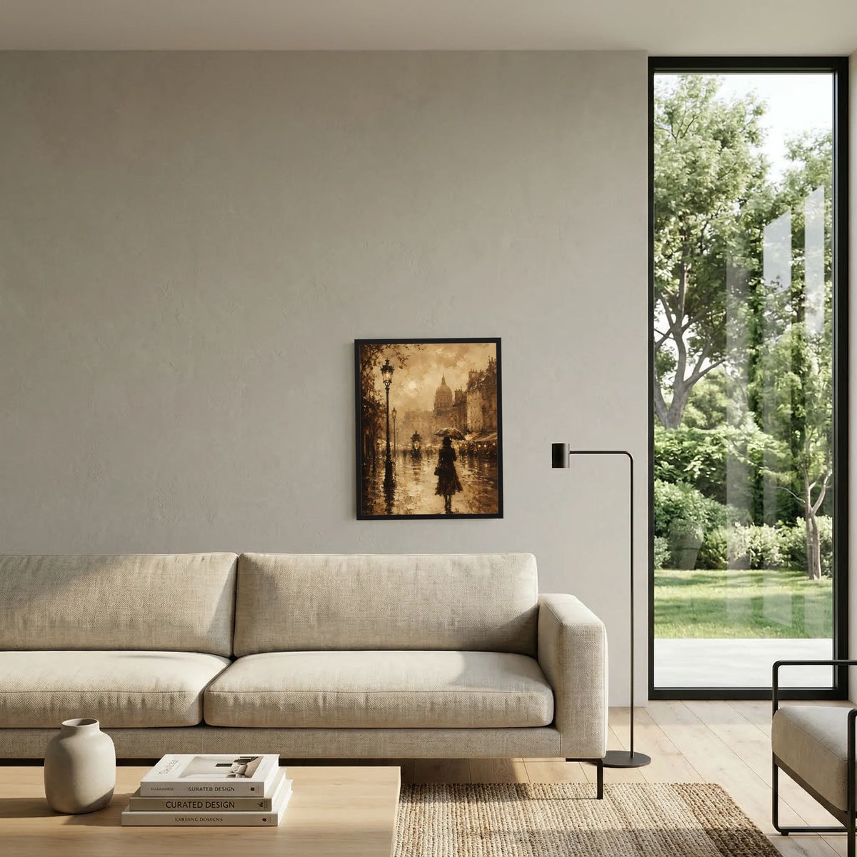 Sepia Poster im schwarzen Rahmen über Sofa, Laternen und gehende Person